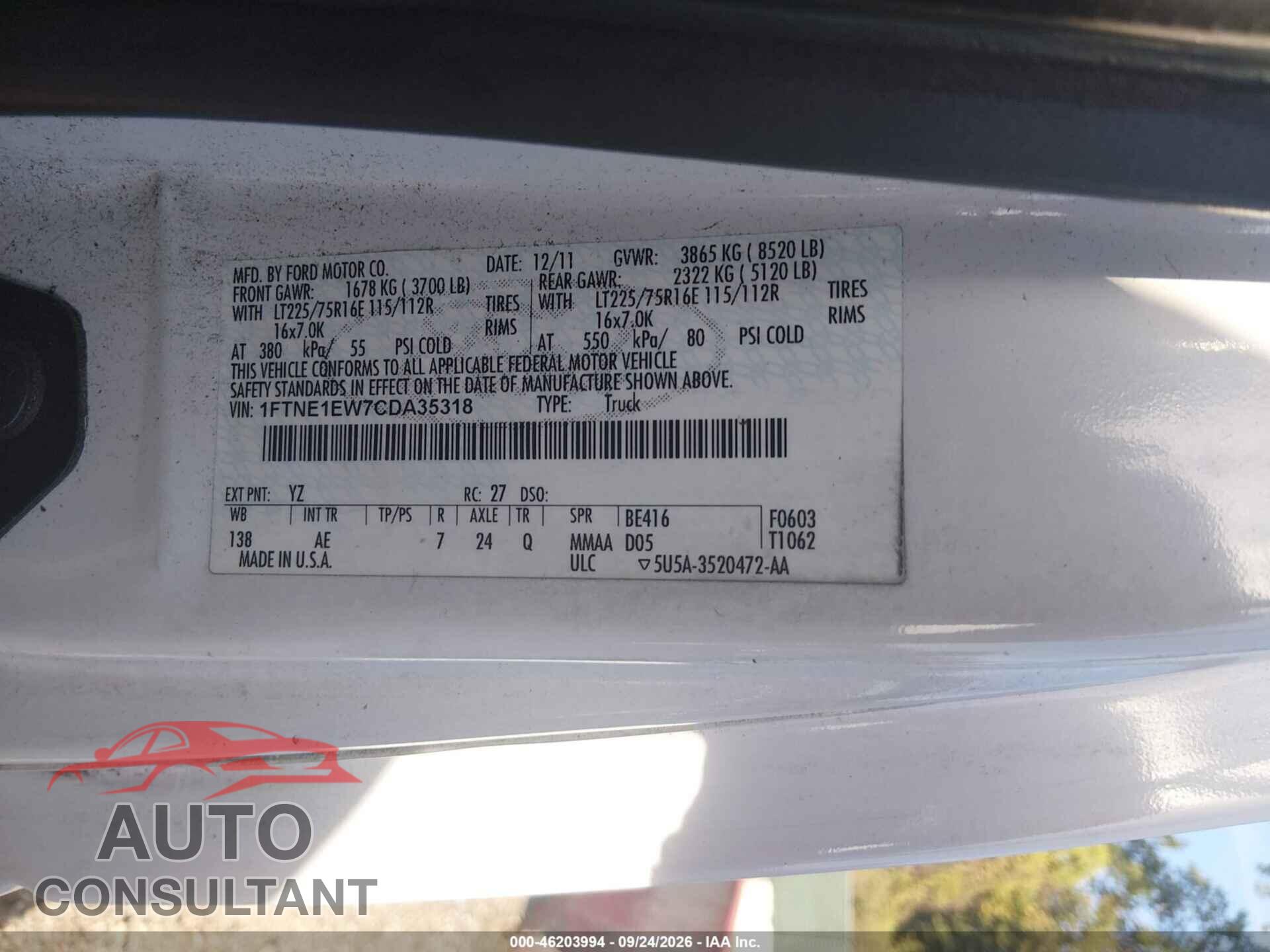 FORD E-150 2012 - 1FTNE1EW7CDA35318