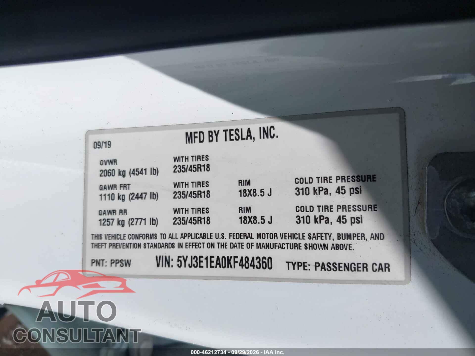 TESLA MODEL 3 2019 - 5YJ3E1EA0KF484360