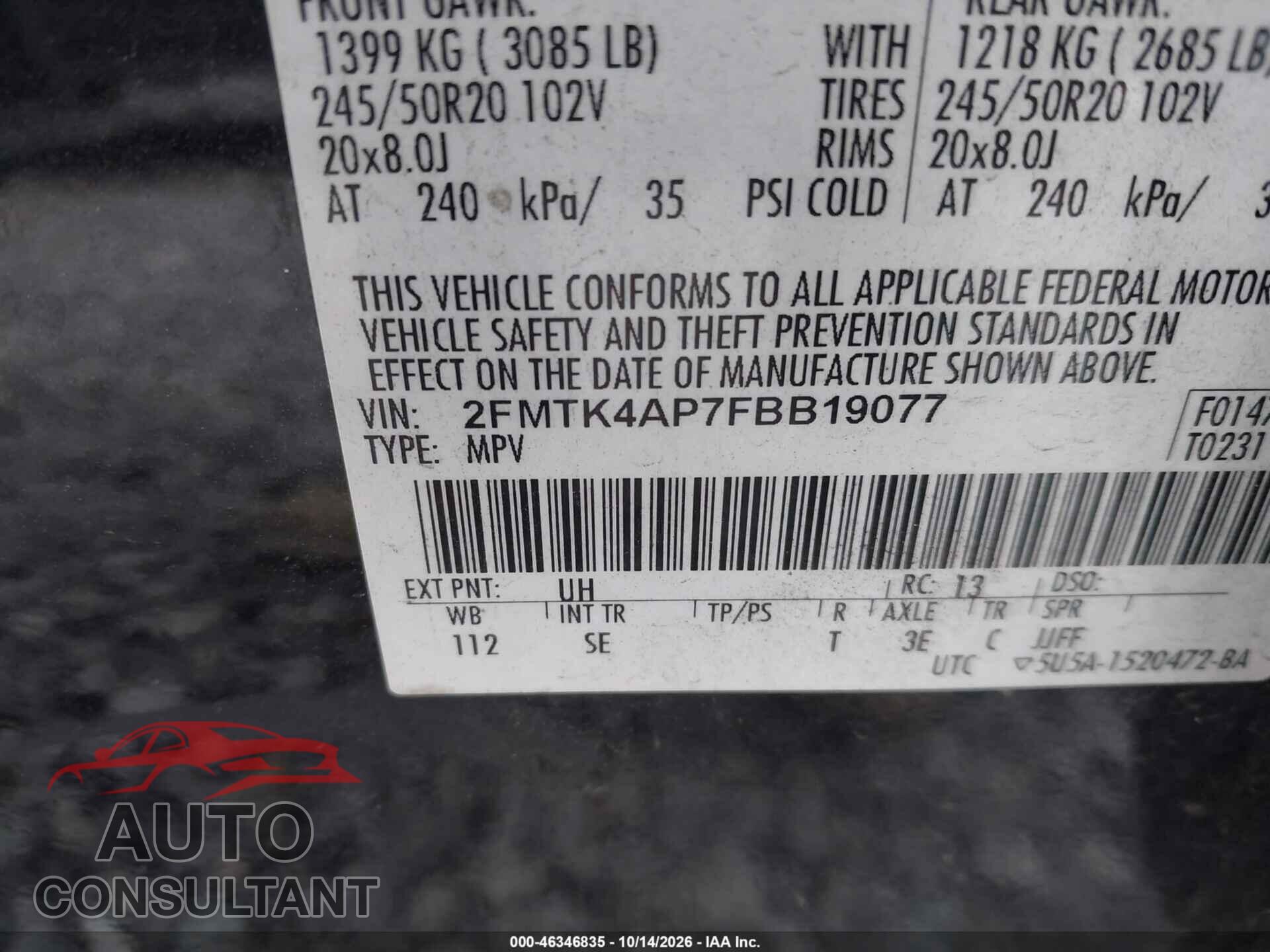 FORD EDGE 2015 - 2FMTK4AP7FBB19077