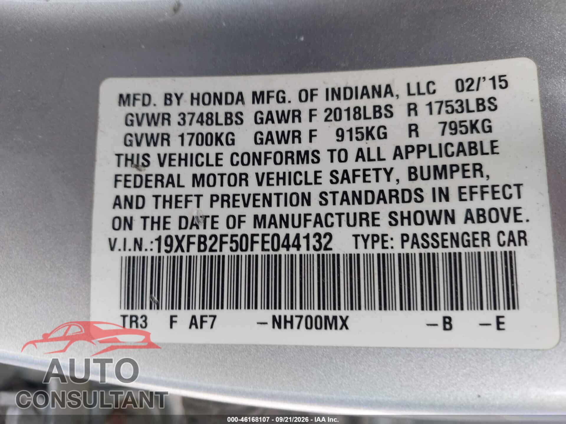 HONDA CIVIC 2015 - 19XFB2F50FE044132