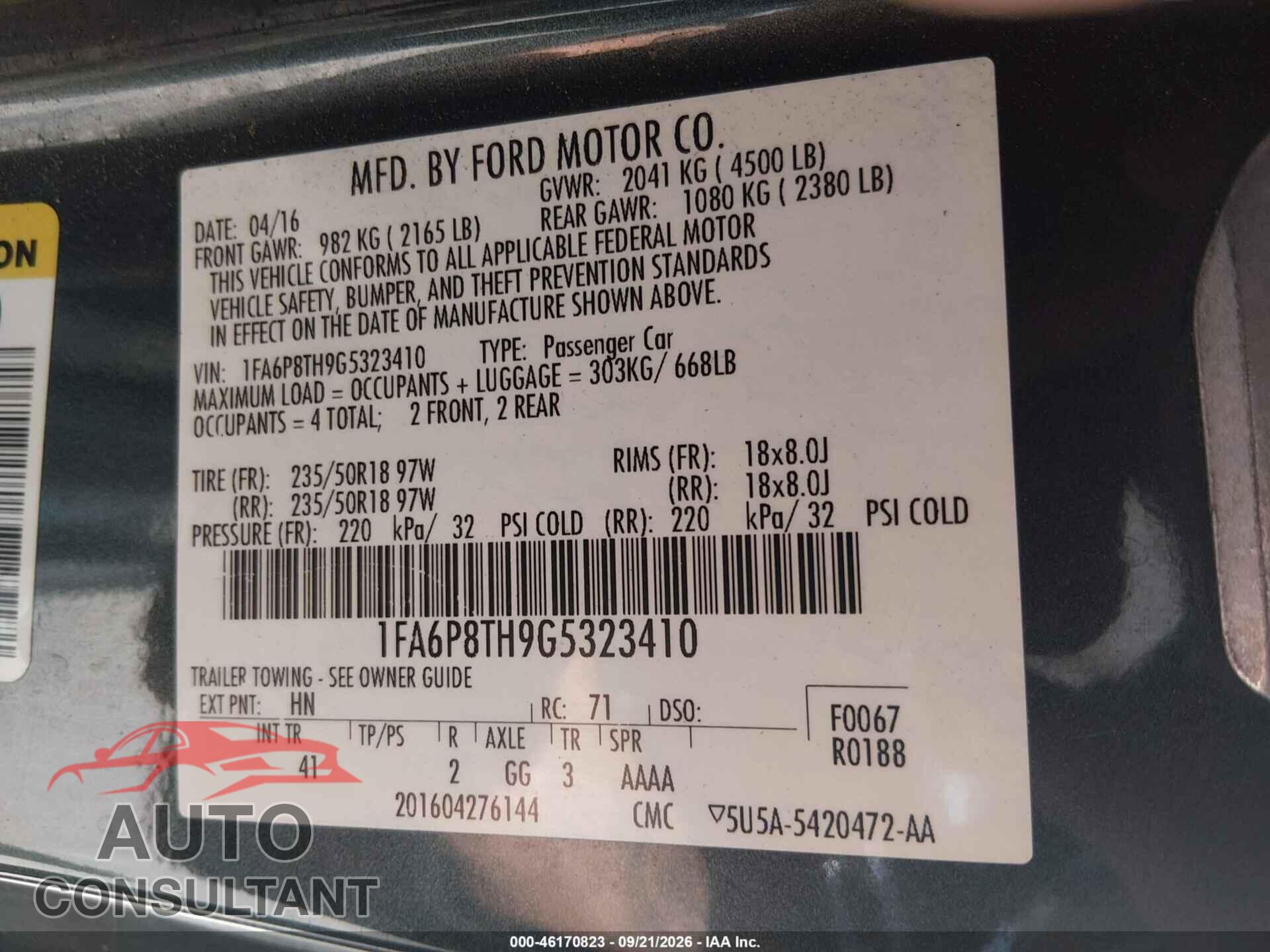 FORD MUSTANG 2016 - 1FA6P8TH9G5323410