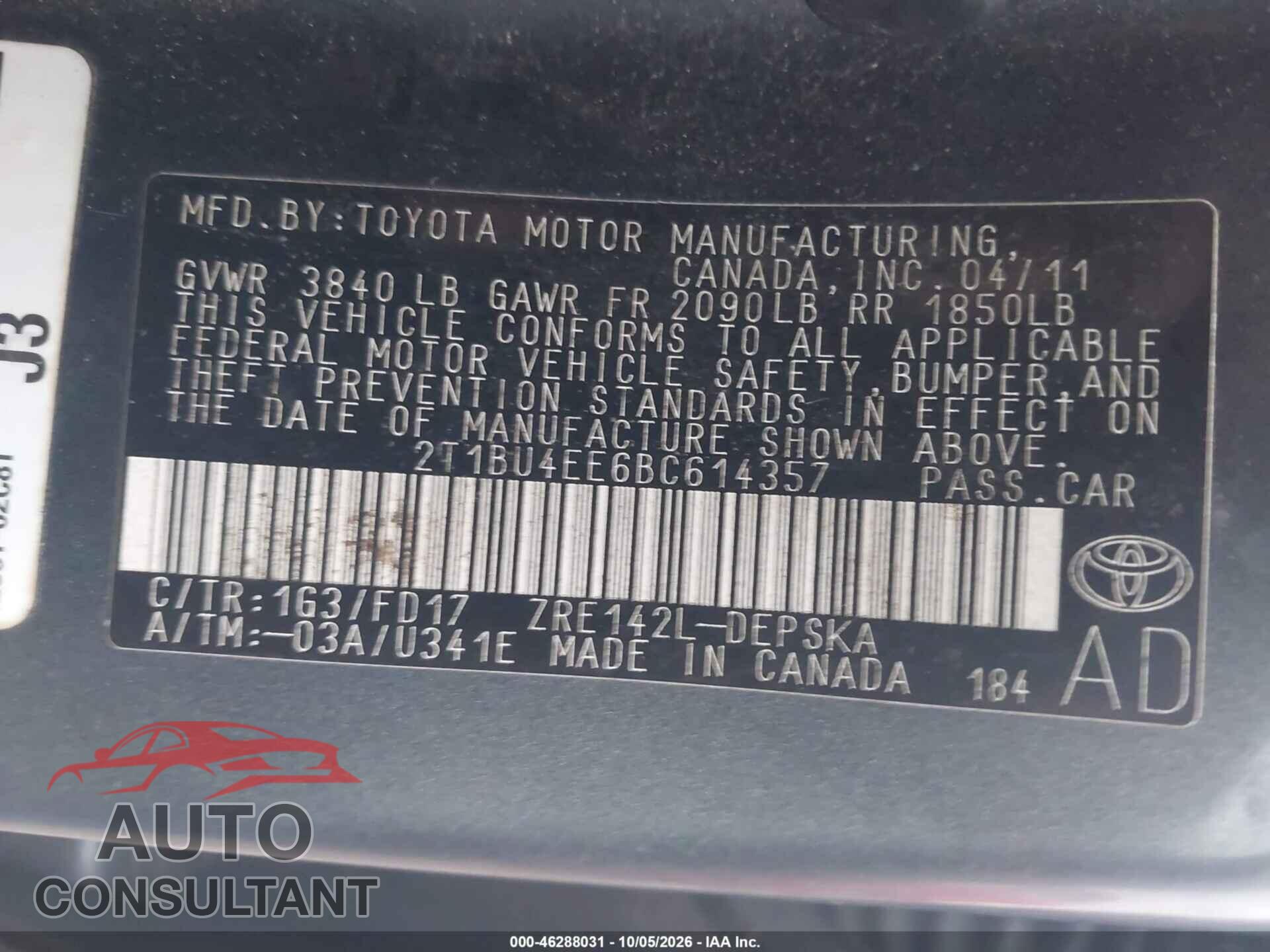 TOYOTA COROLLA 2011 - 2T1BU4EE6BC614357