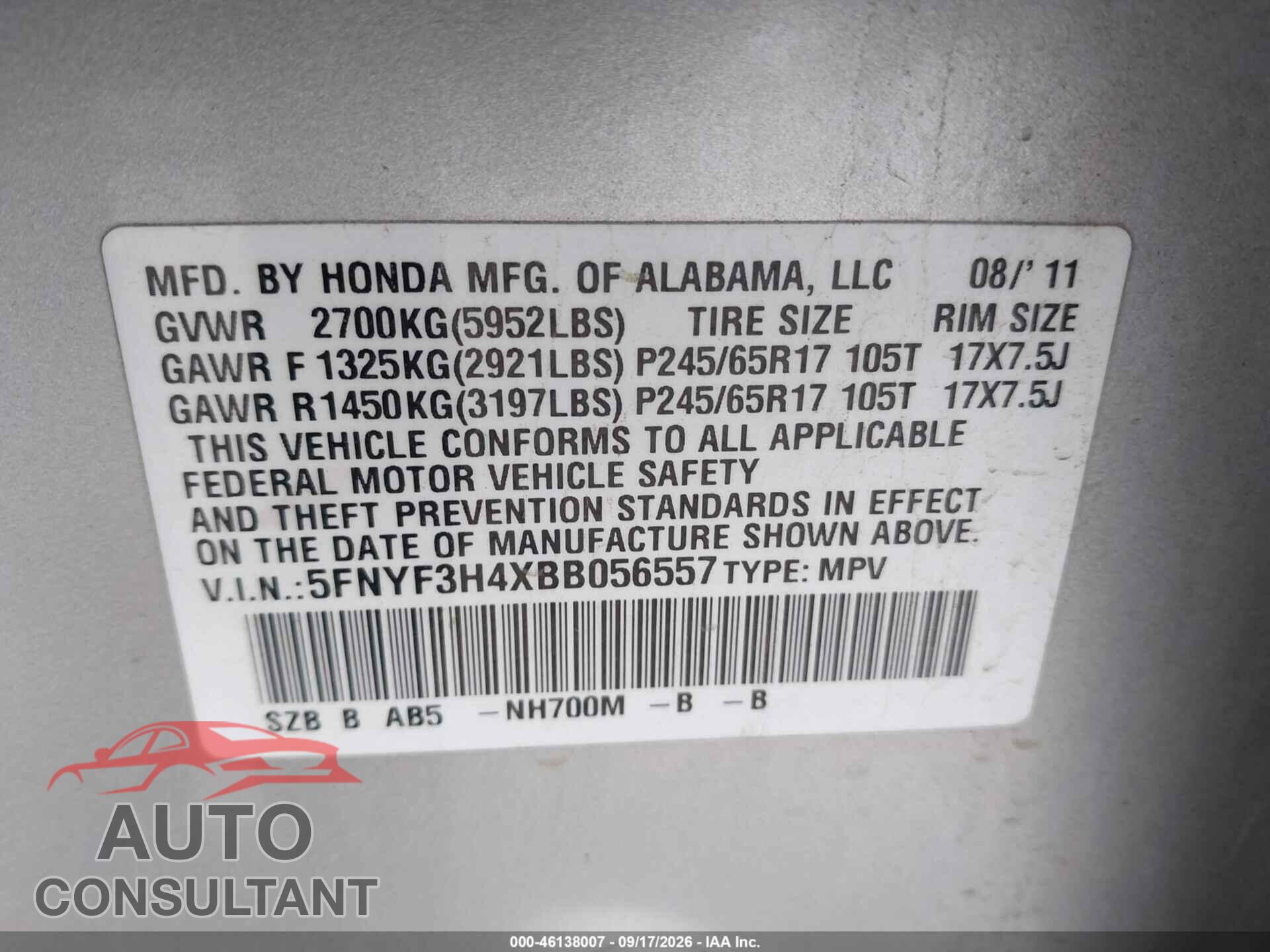 HONDA PILOT 2011 - 5FNYF3H4XBB056557