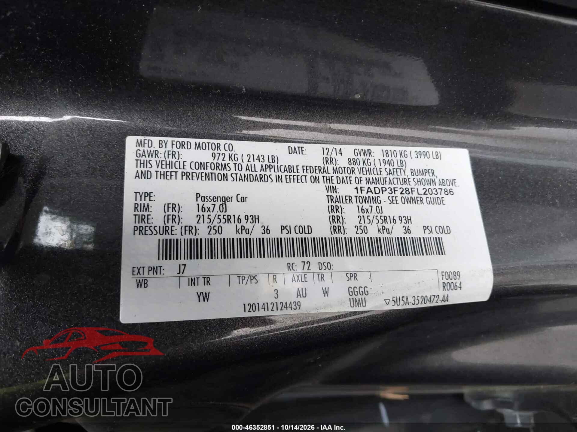 FORD FOCUS 2015 - 1FADP3F28FL203786
