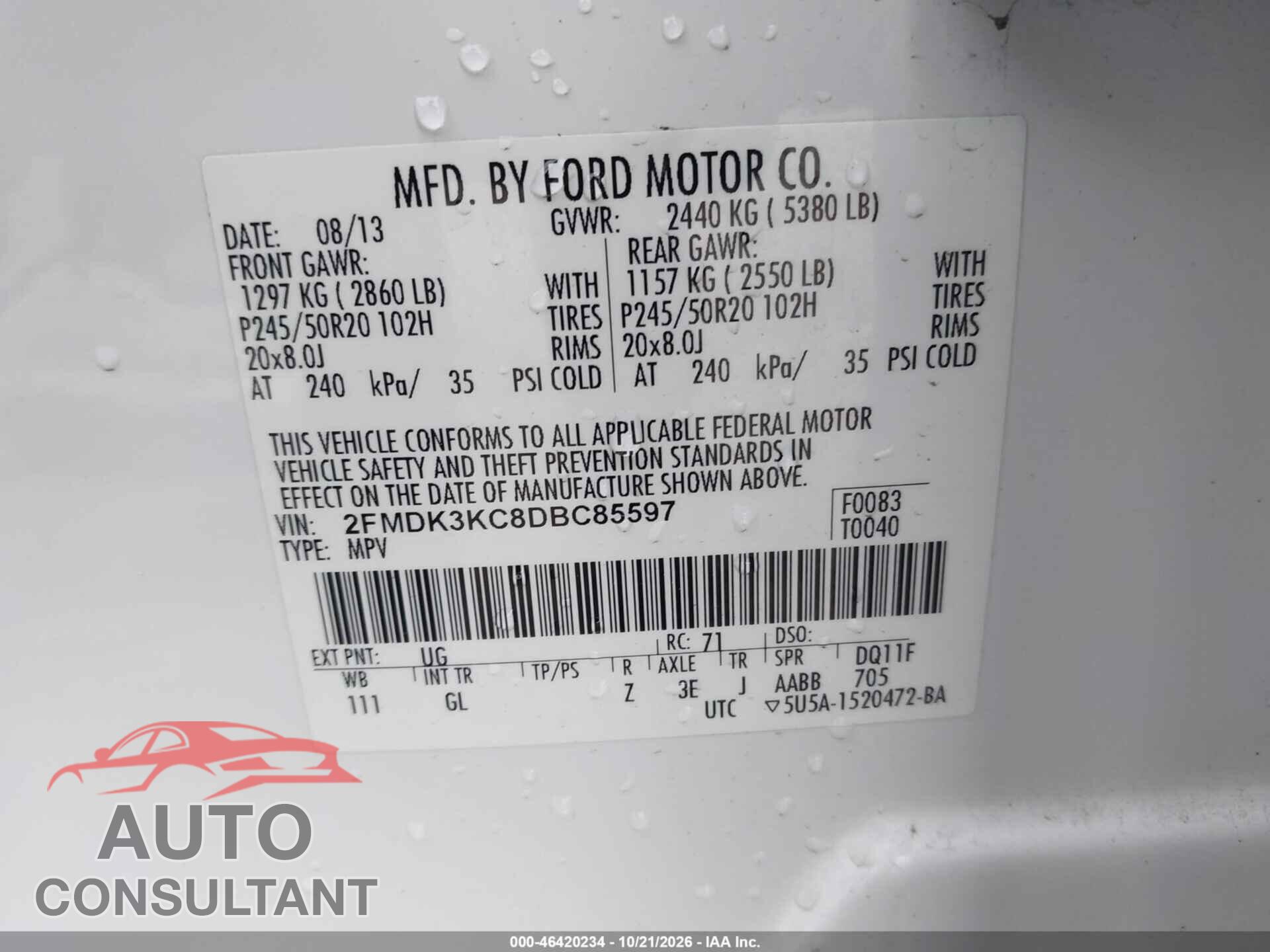 FORD EDGE 2013 - 2FMDK3KC8DBC85597
