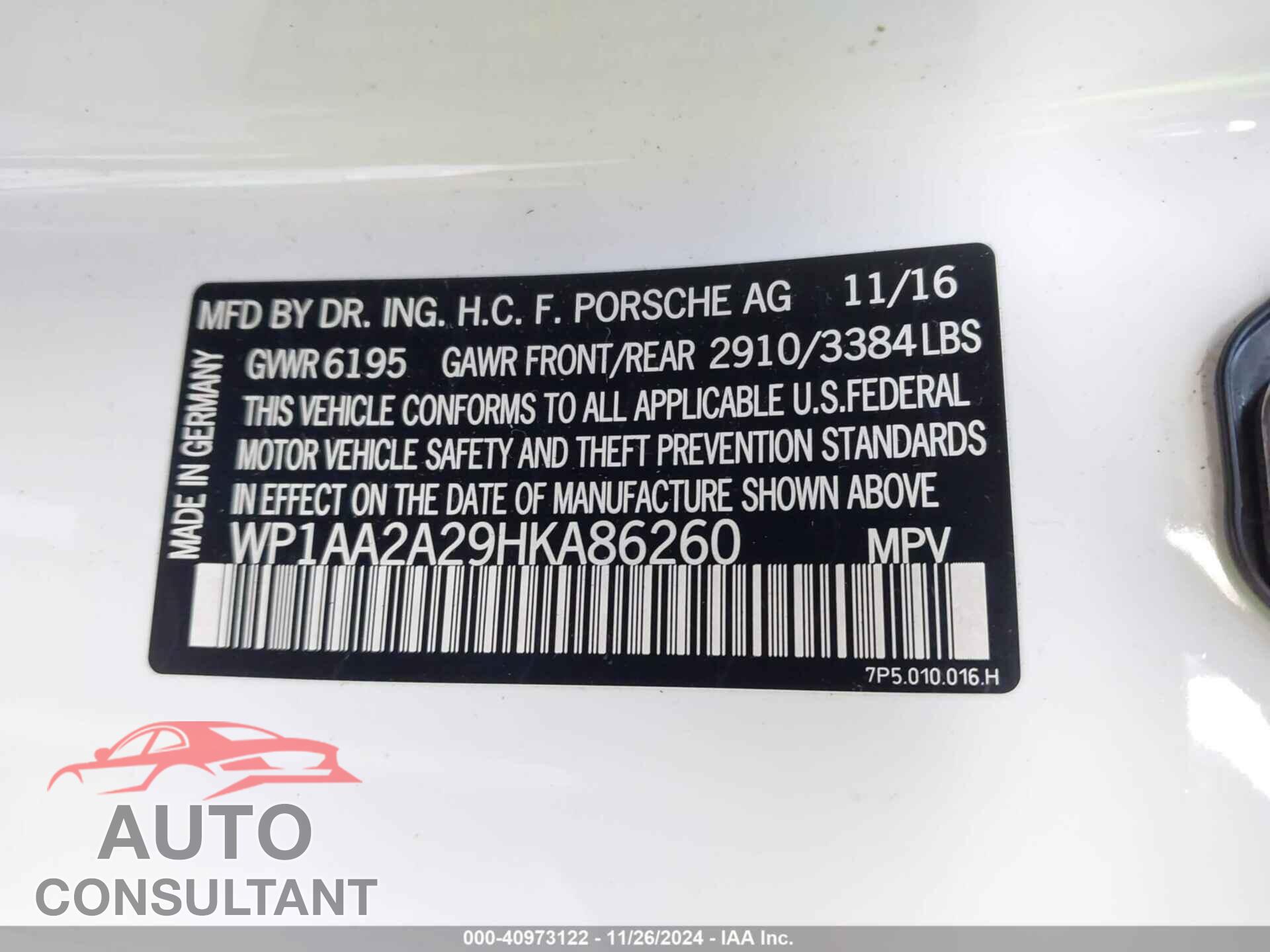 PORSCHE CAYENNE 2017 - WP1AA2A29HKA86260