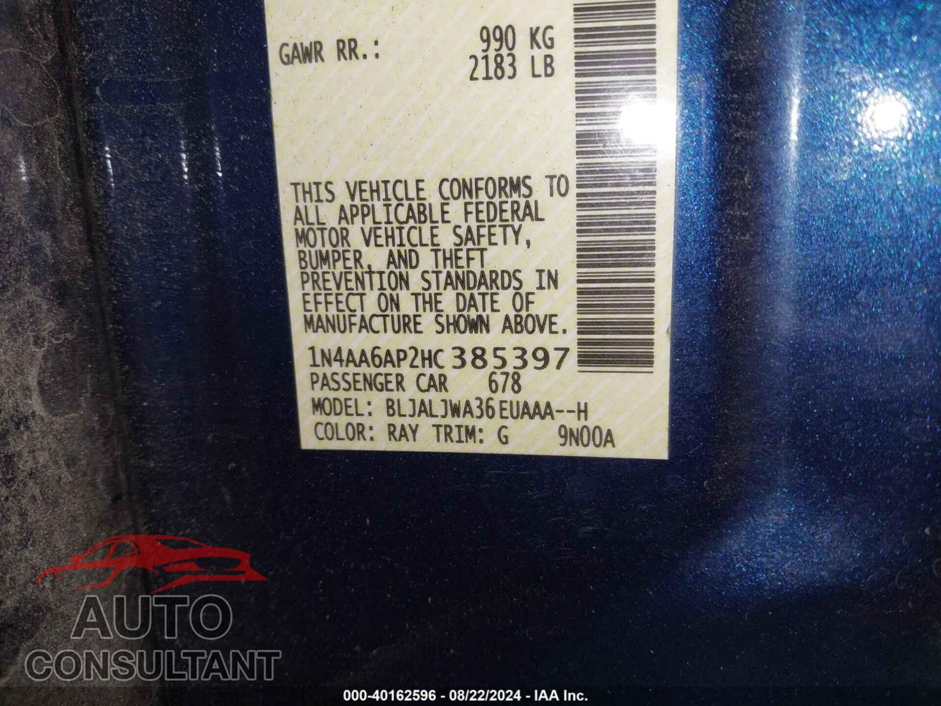 NISSAN MAXIMA 2017 - 1N4AA6AP2HC385397