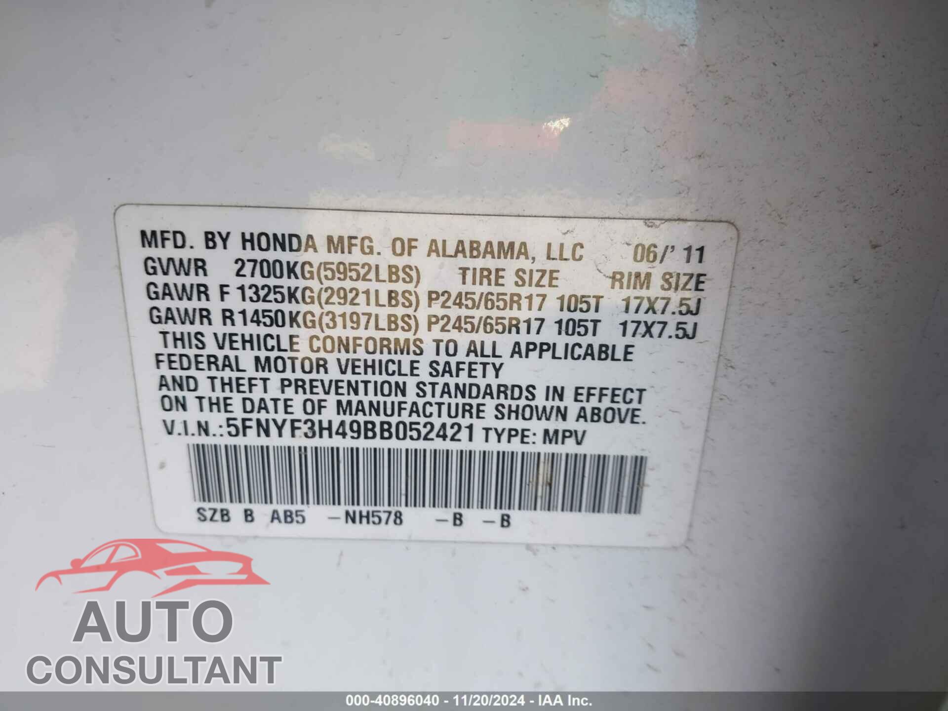 HONDA PILOT 2011 - 5FNYF3H49BB052421