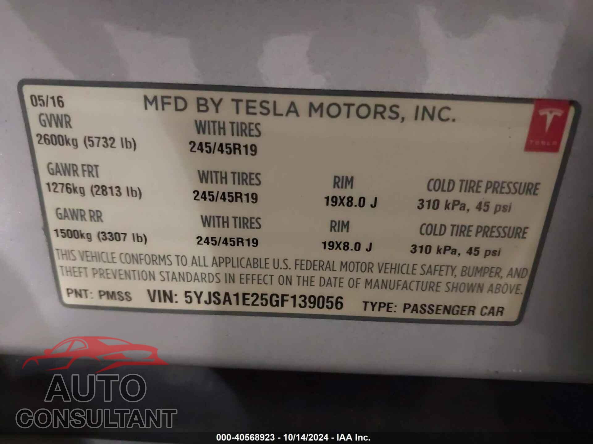 TESLA MODEL S 2016 - 5YJSA1E25GF139056