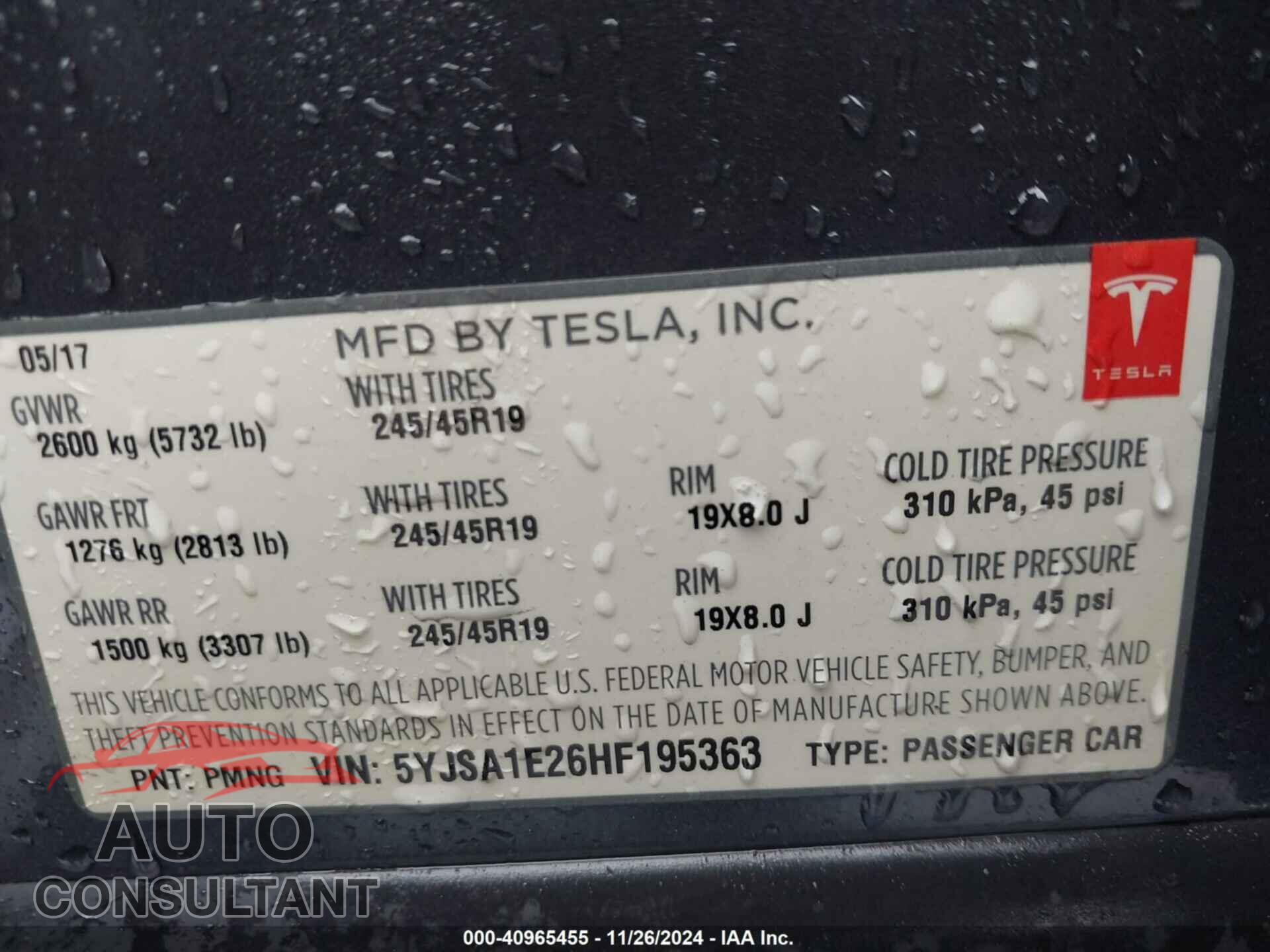 TESLA MODEL S 2017 - 5YJSA1E26HF195363