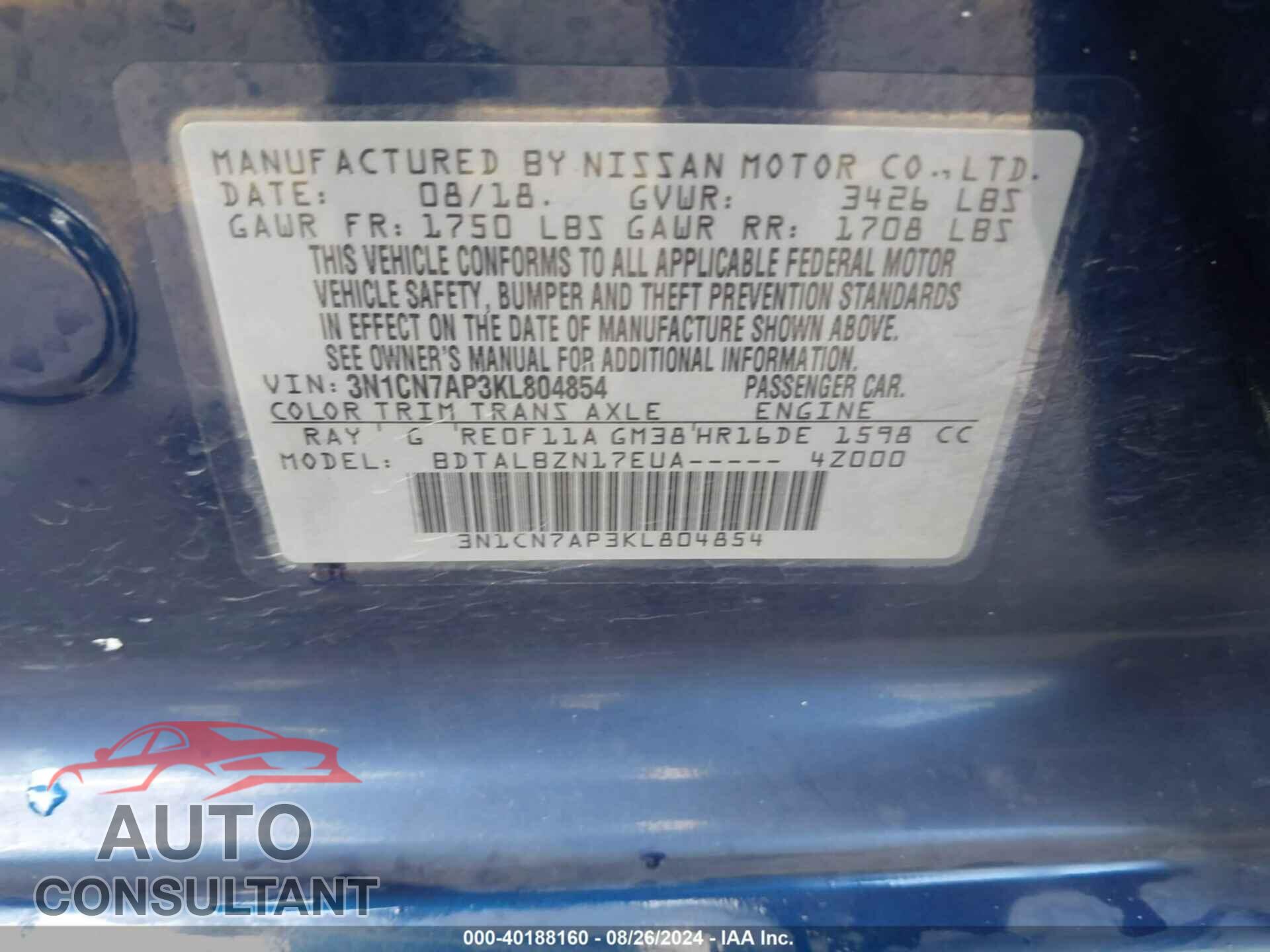 NISSAN VERSA 2019 - 3N1CN7AP3KL804854