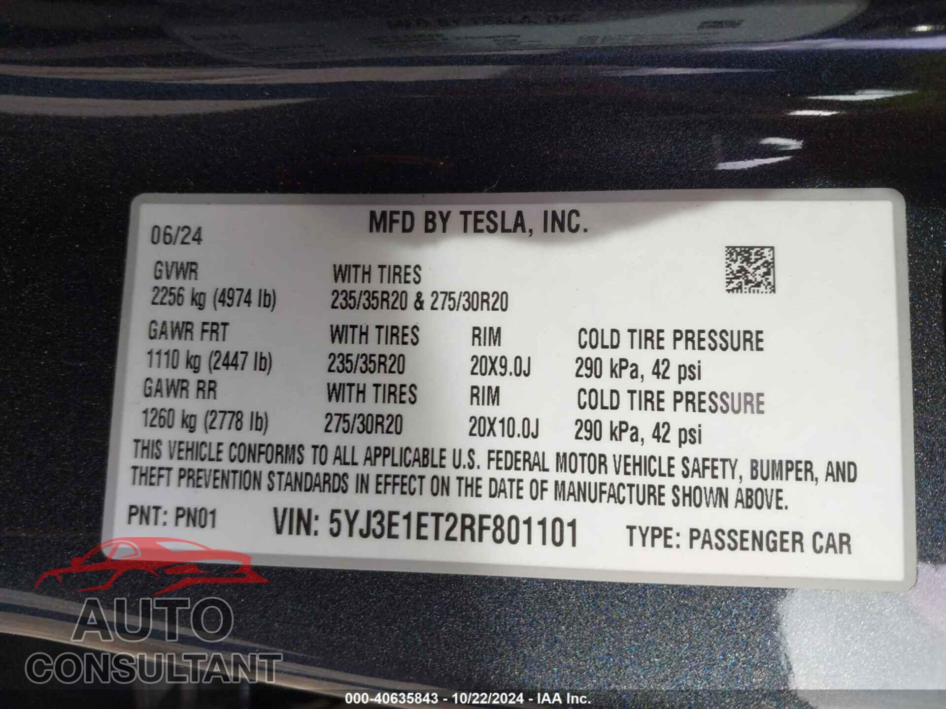 TESLA MODEL 3 2024 - 5YJ3E1ET2RF801101