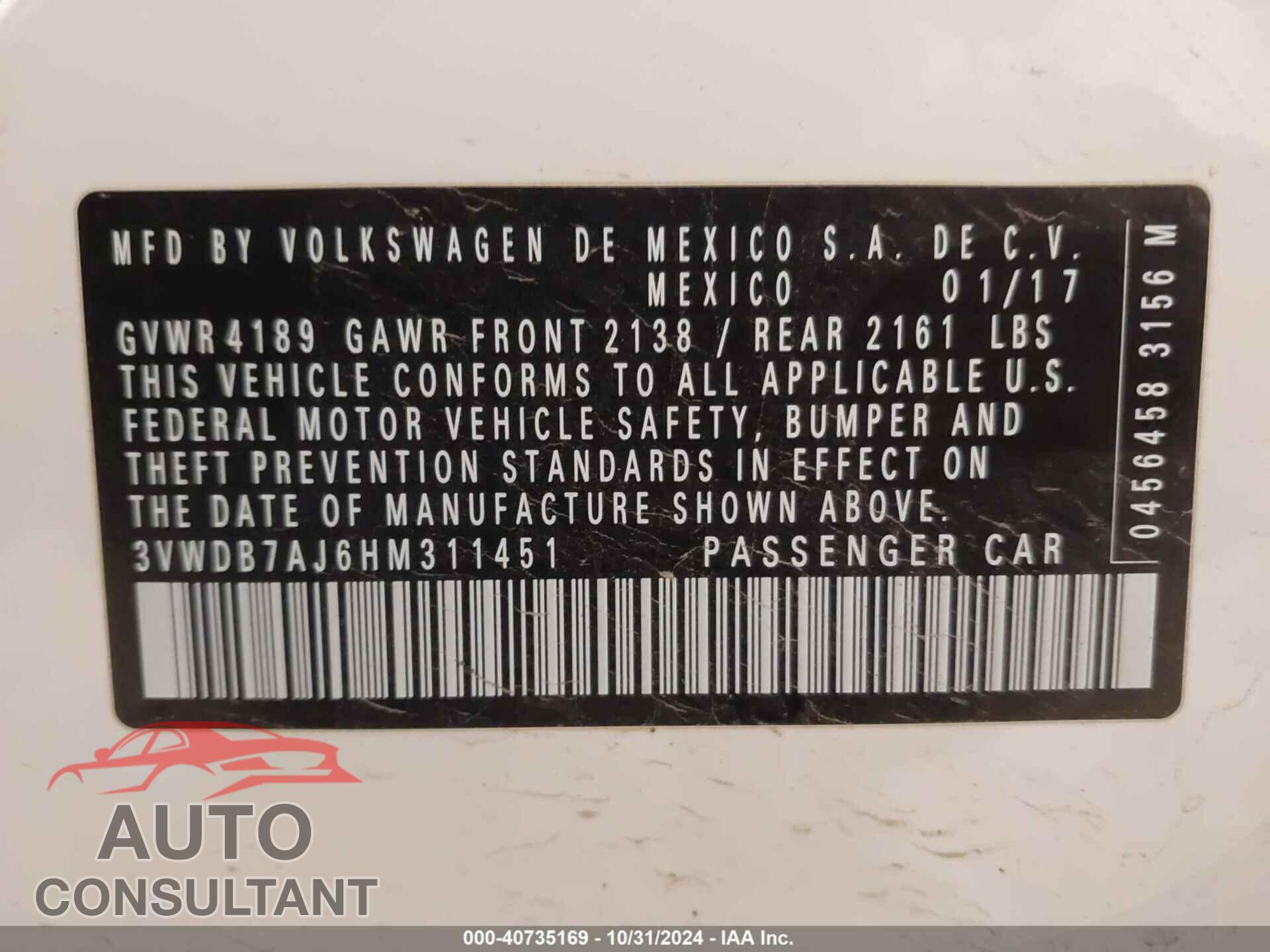 VOLKSWAGEN JETTA 2017 - 3VWDB7AJ6HM311451