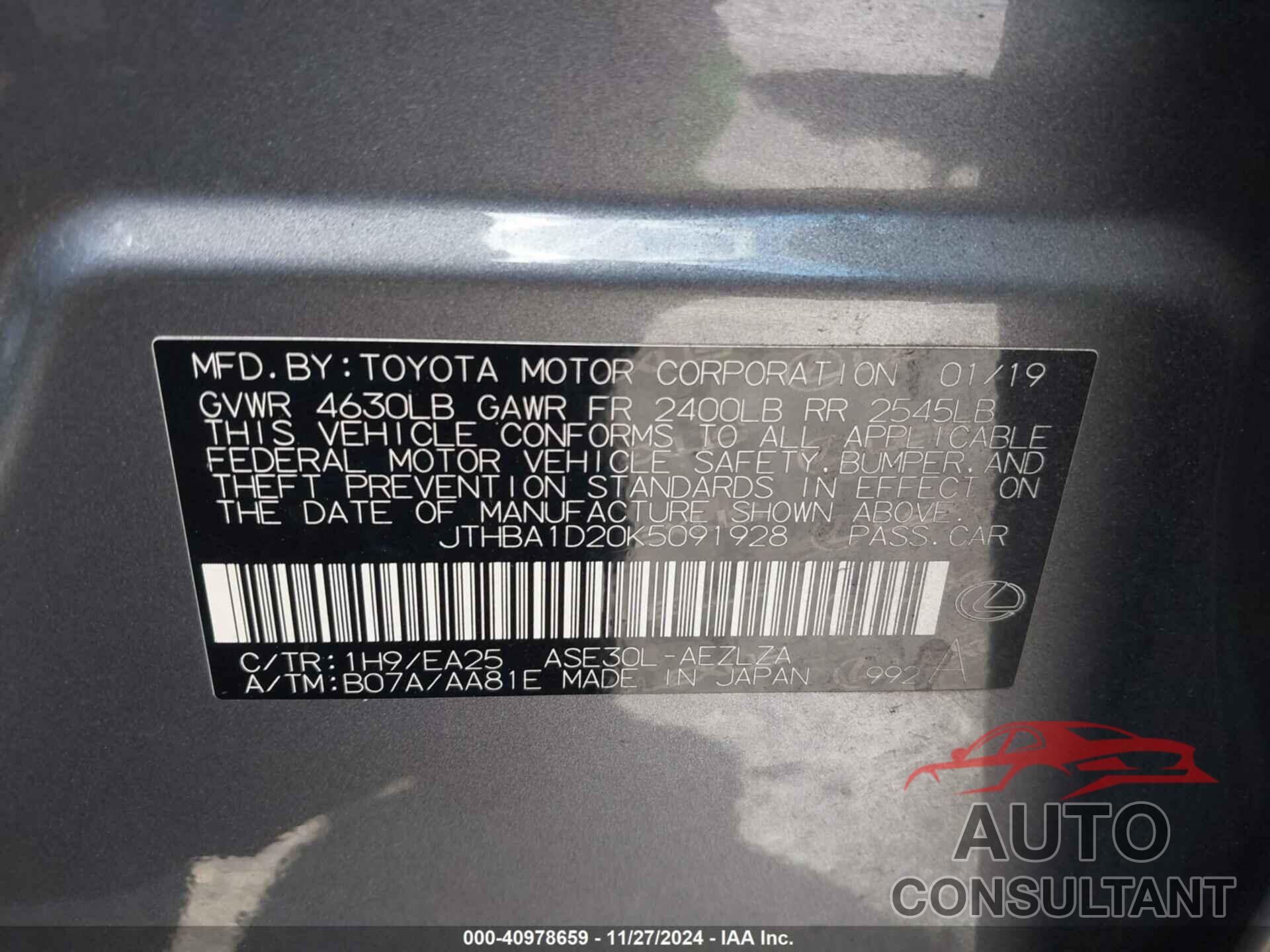 LEXUS IS 300 2019 - JTHBA1D20K5091928