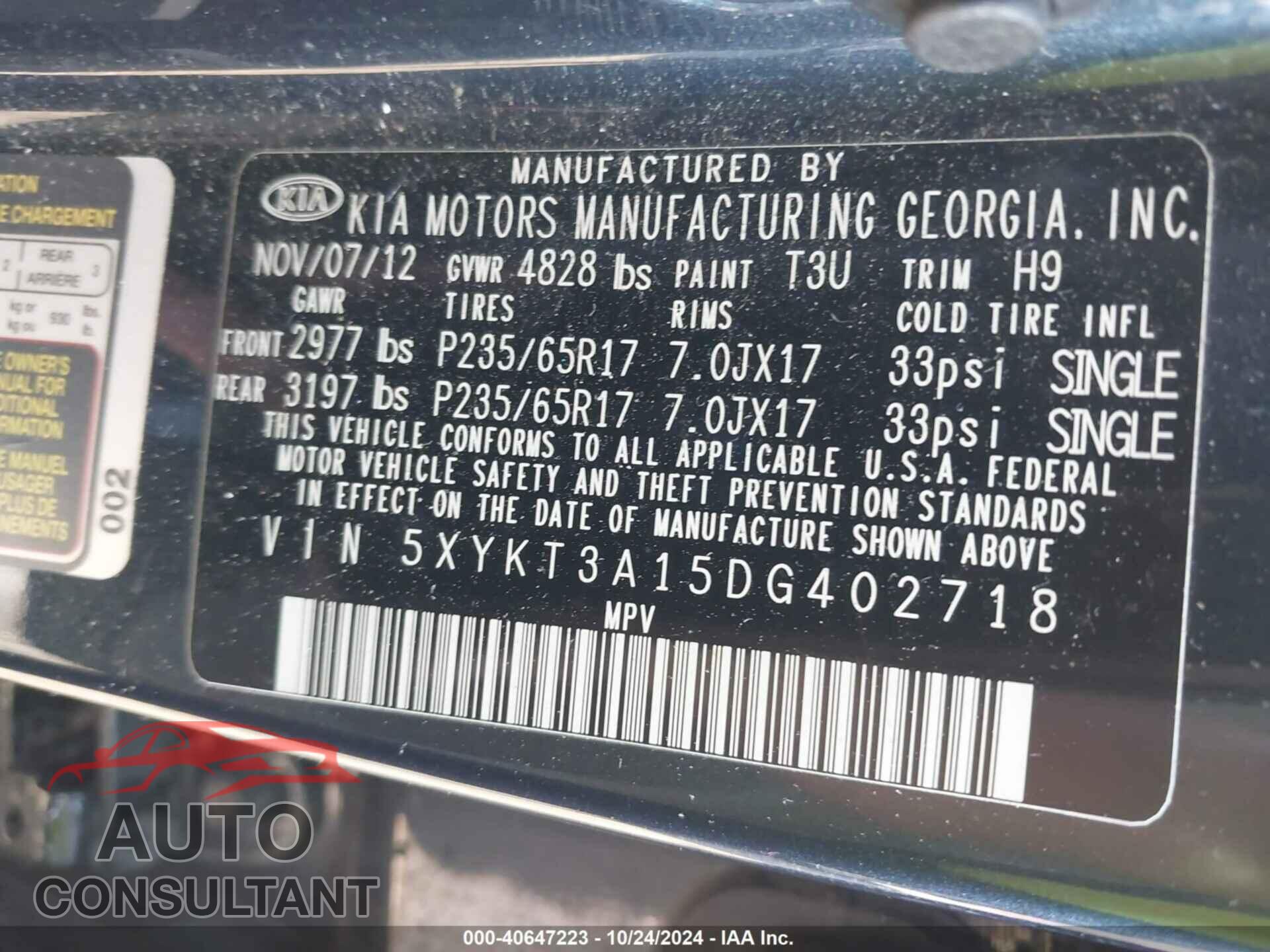 KIA SORENTO 2013 - 5XYKT3A15DG402718