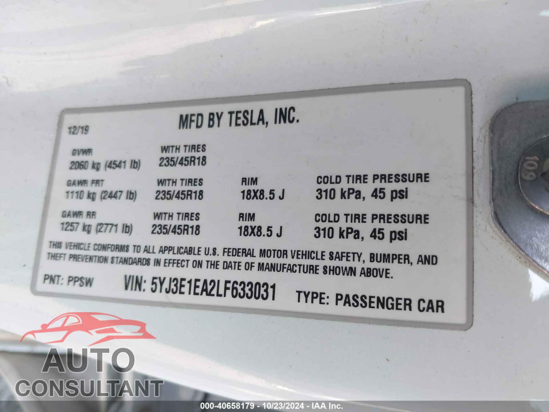TESLA MODEL 3 2020 - 5YJ3E1EA2LF633031