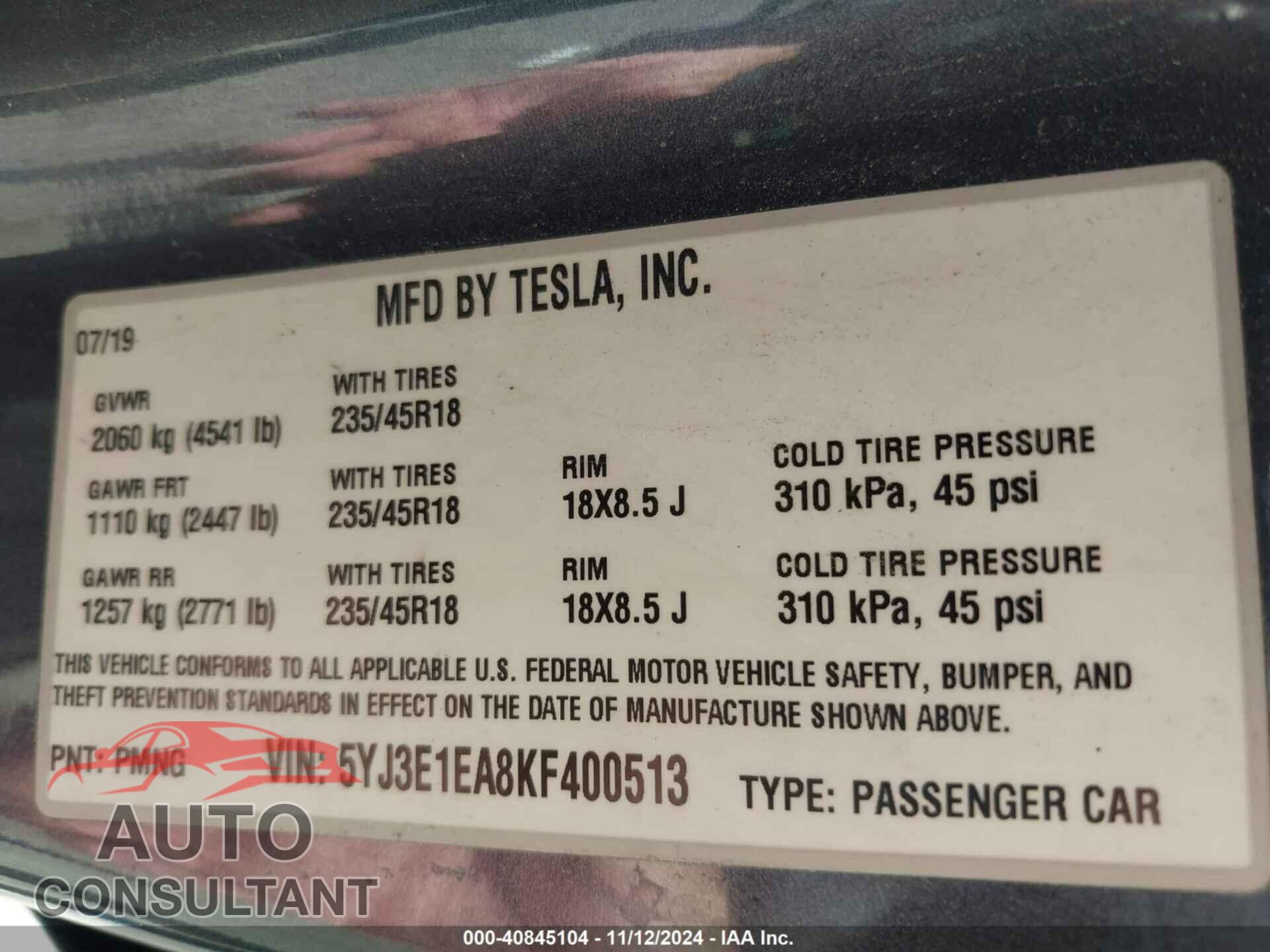 TESLA MODEL 3 2019 - 5YJ3E1EA8KF400513
