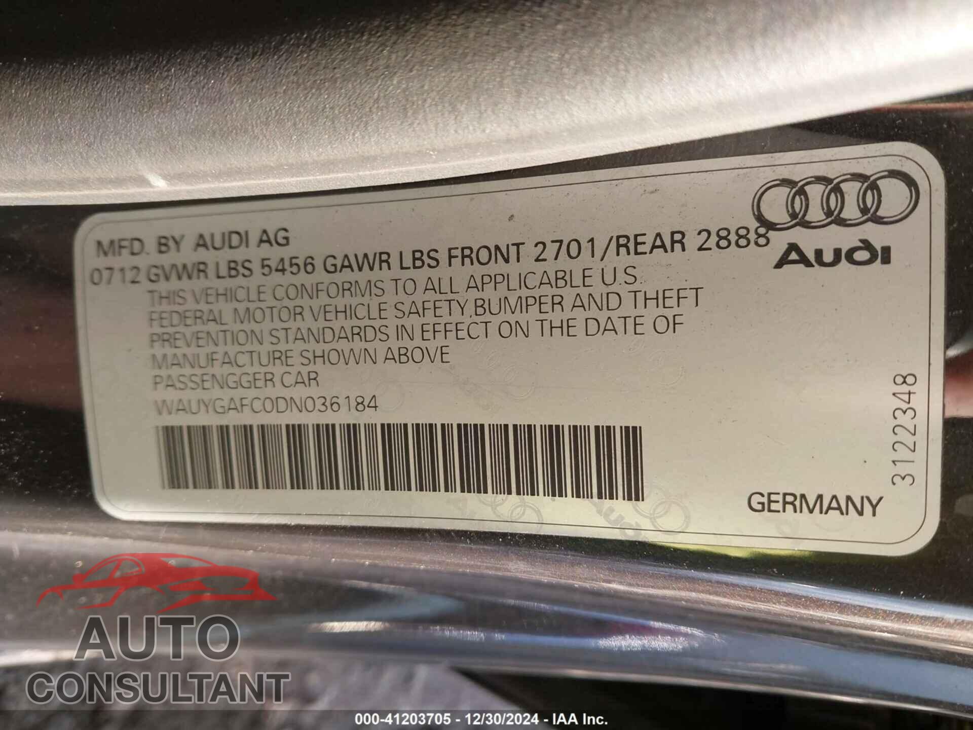 AUDI A7 2013 - WAUYGAFC0DN036184