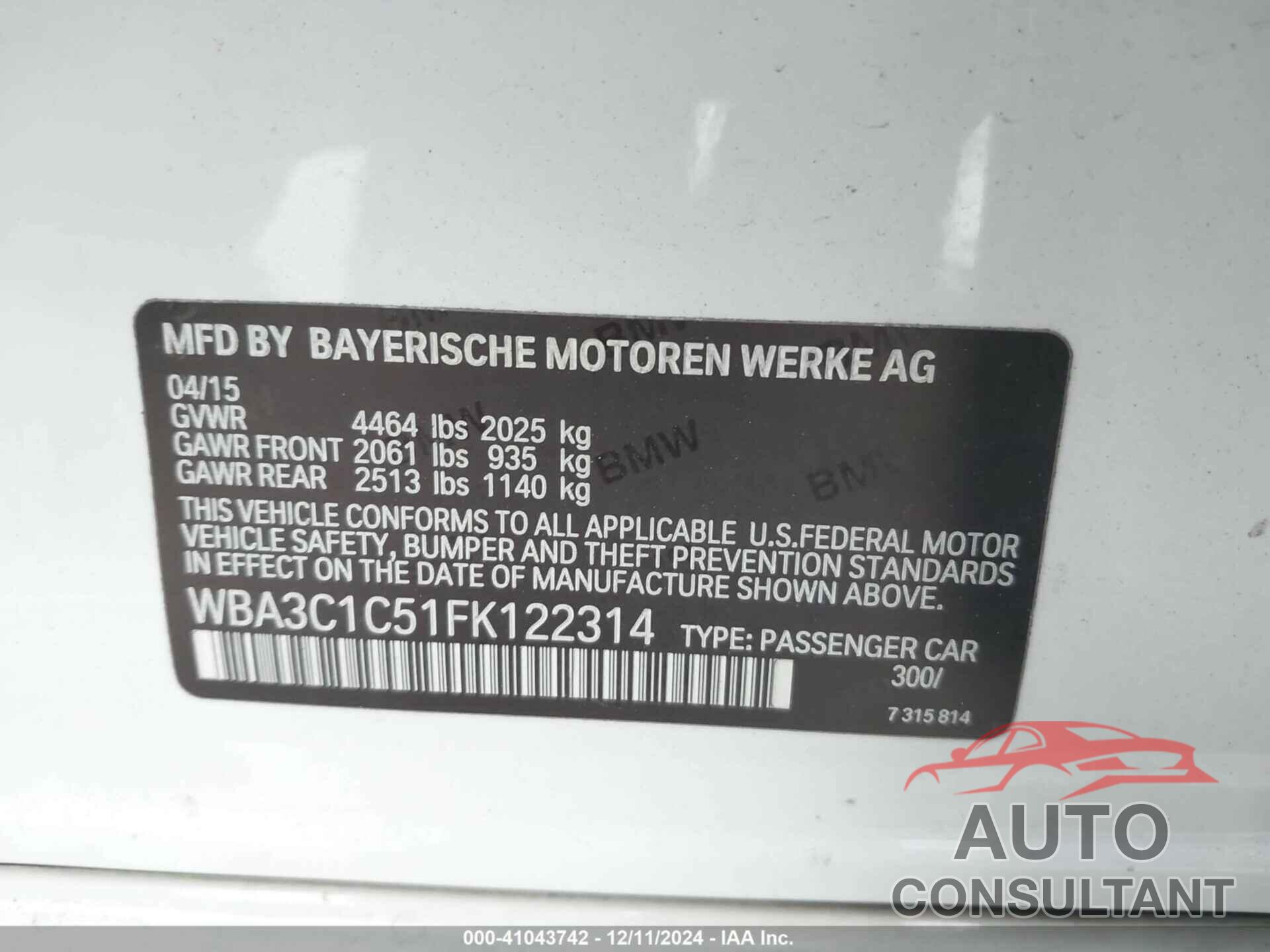 BMW 328I 2015 - WBA3C1C51FK122314