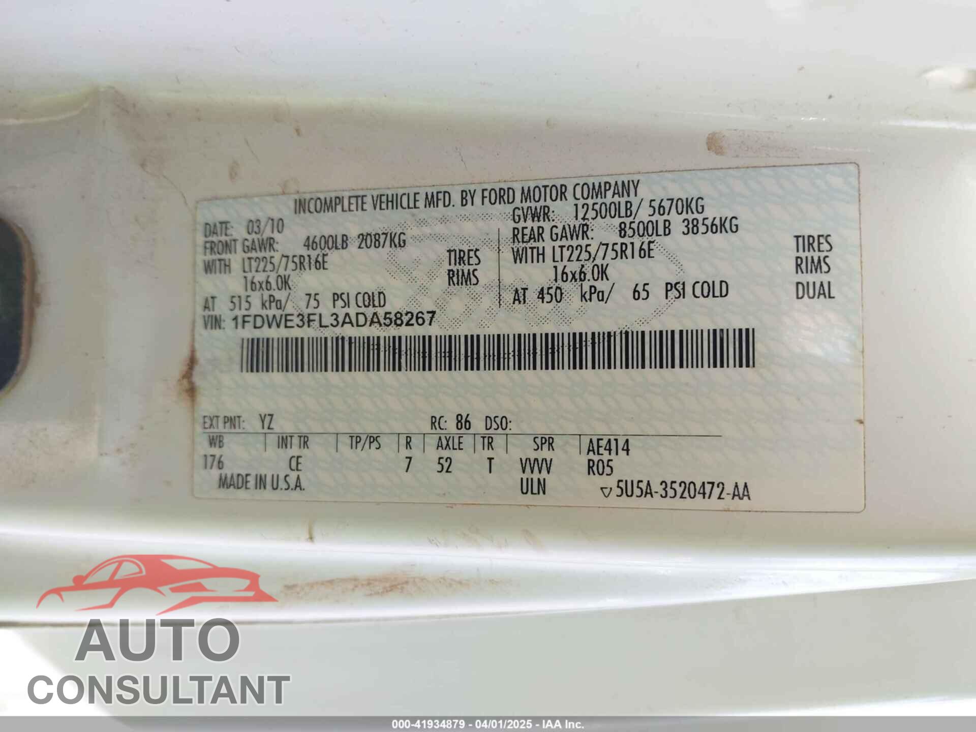 FORD E-350 CUTAWAY 2010 - 1FDWE3FL3ADA58267