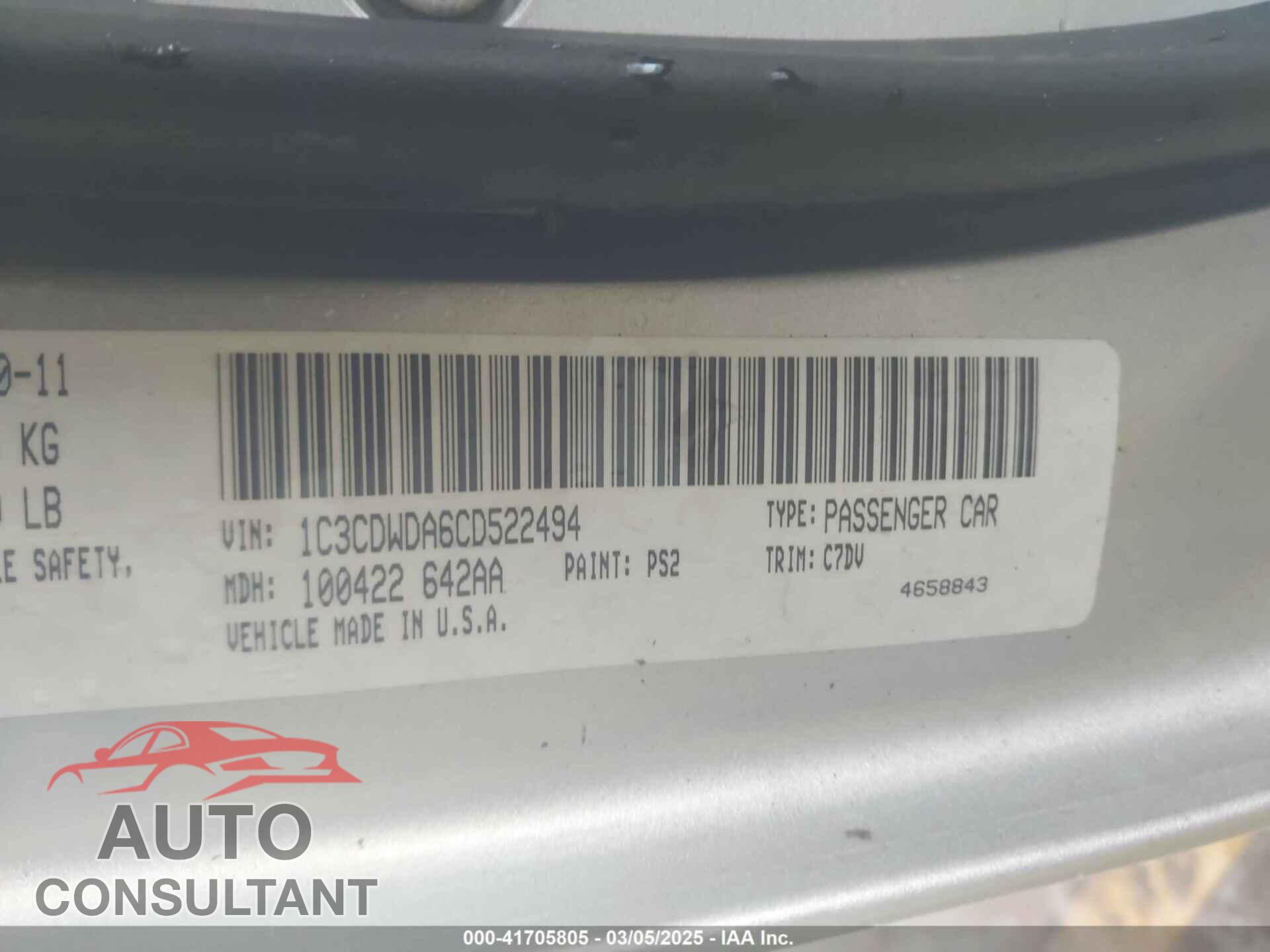 DODGE CALIBER 2012 - 1C3CDWDA6CD522494