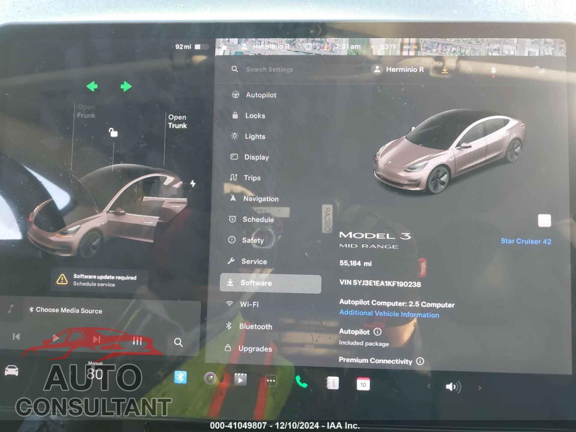 TESLA MODEL 3 2019 - 5YJ3E1EA1KF190238
