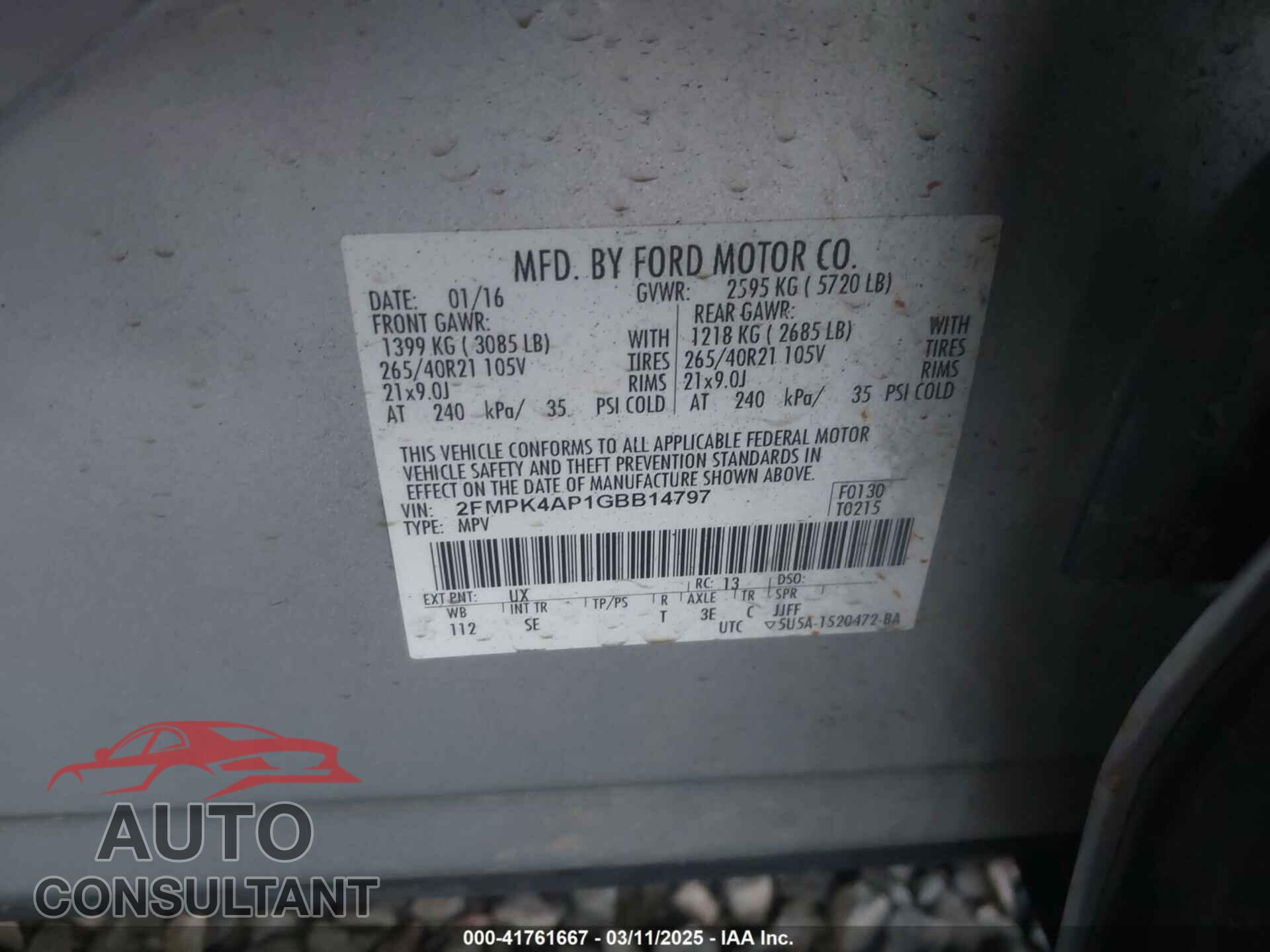 FORD EDGE 2016 - 2FMPK4AP1GBB14797