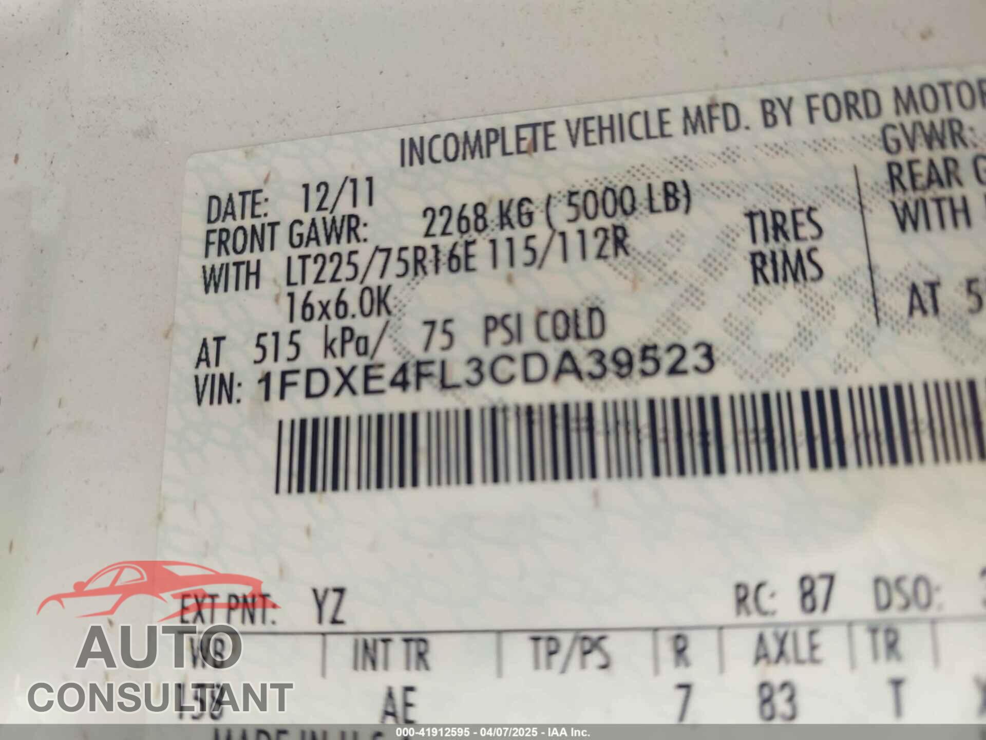 FORD E-450 CUTAWAY 2012 - 1FDXE4FL3CDA39523