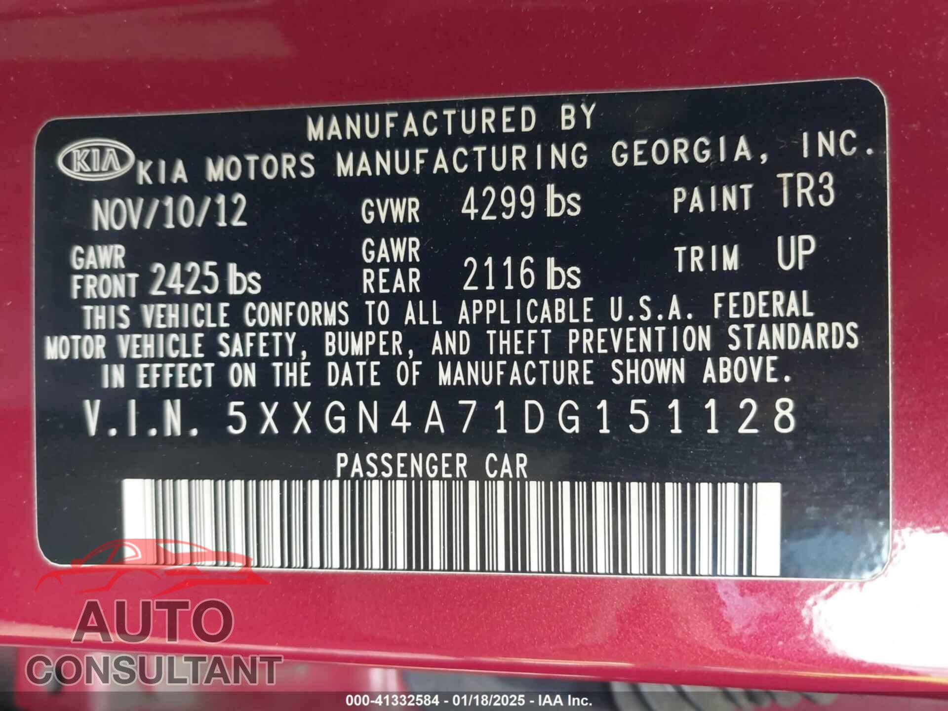 KIA OPTIMA 2013 - 5XXGN4A71DG151128