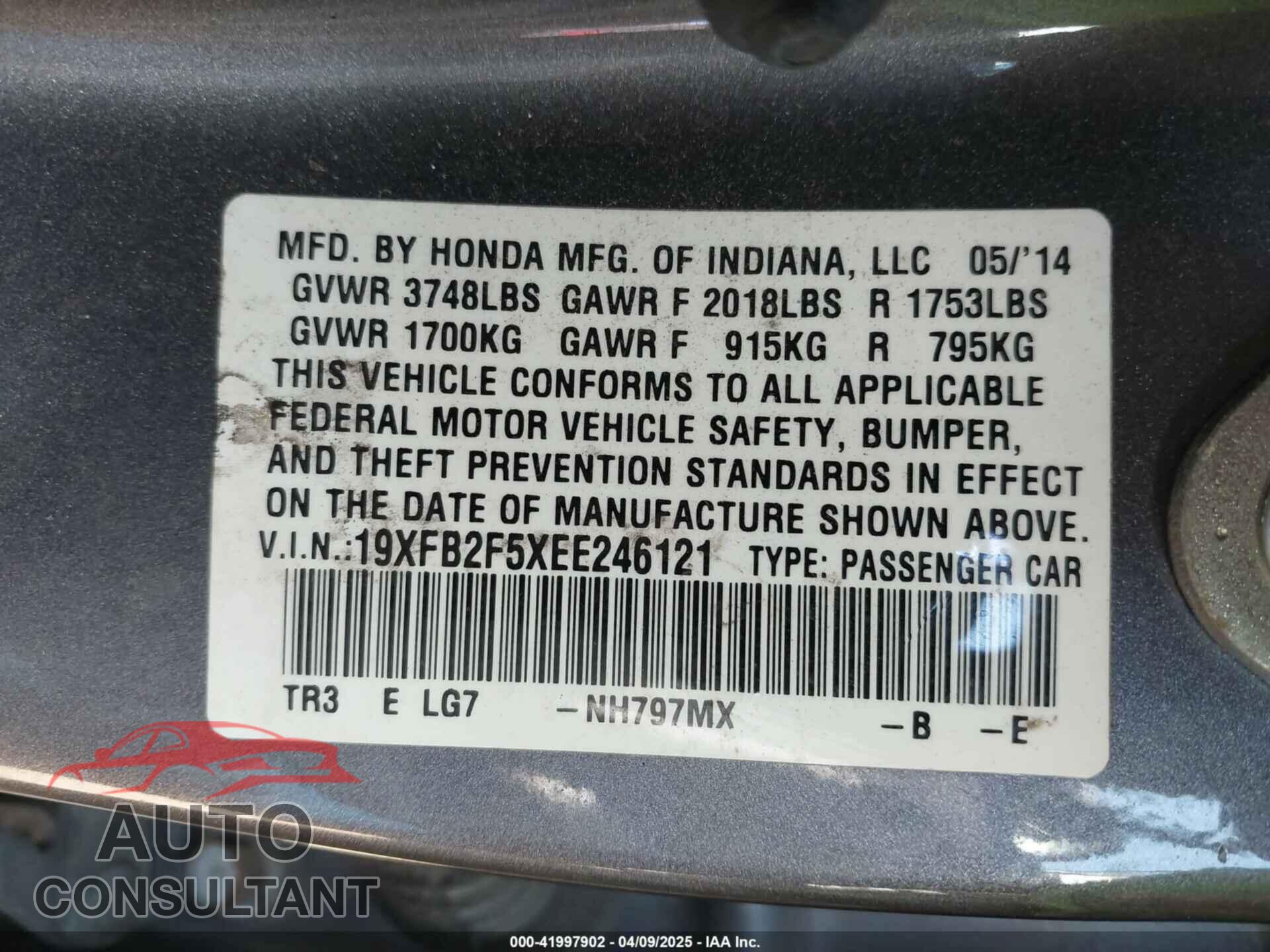 HONDA CIVIC 2014 - 19XFB2F5XEE246121
