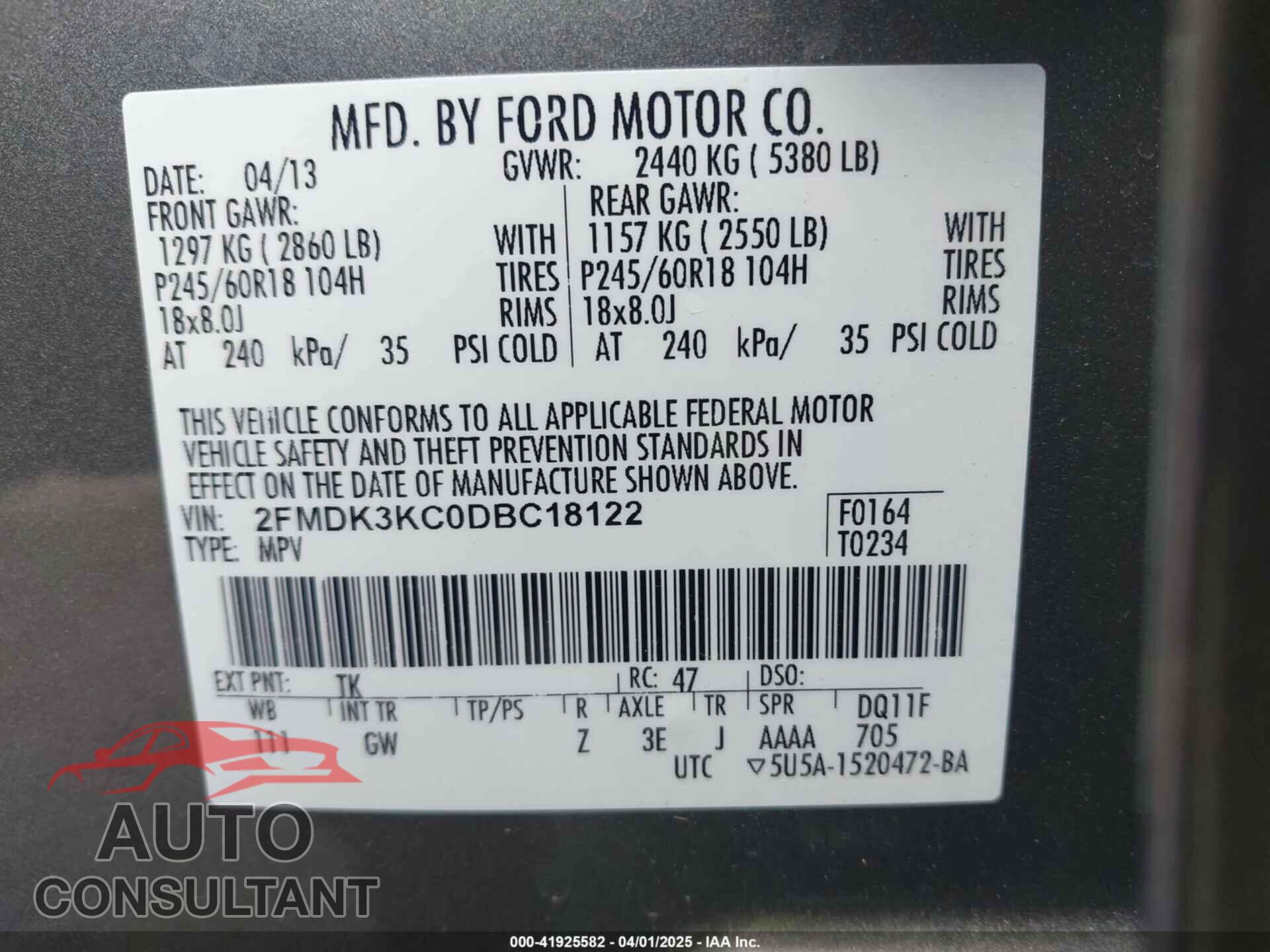 FORD EDGE 2013 - 2FMDK3KC0DBC18122