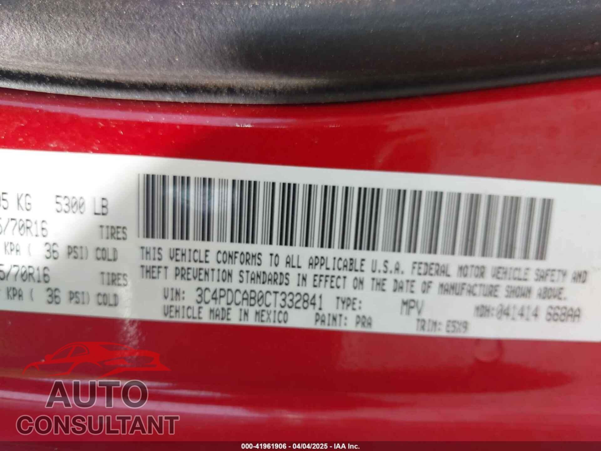 DODGE JOURNEY 2012 - 3C4PDCAB0CT332841