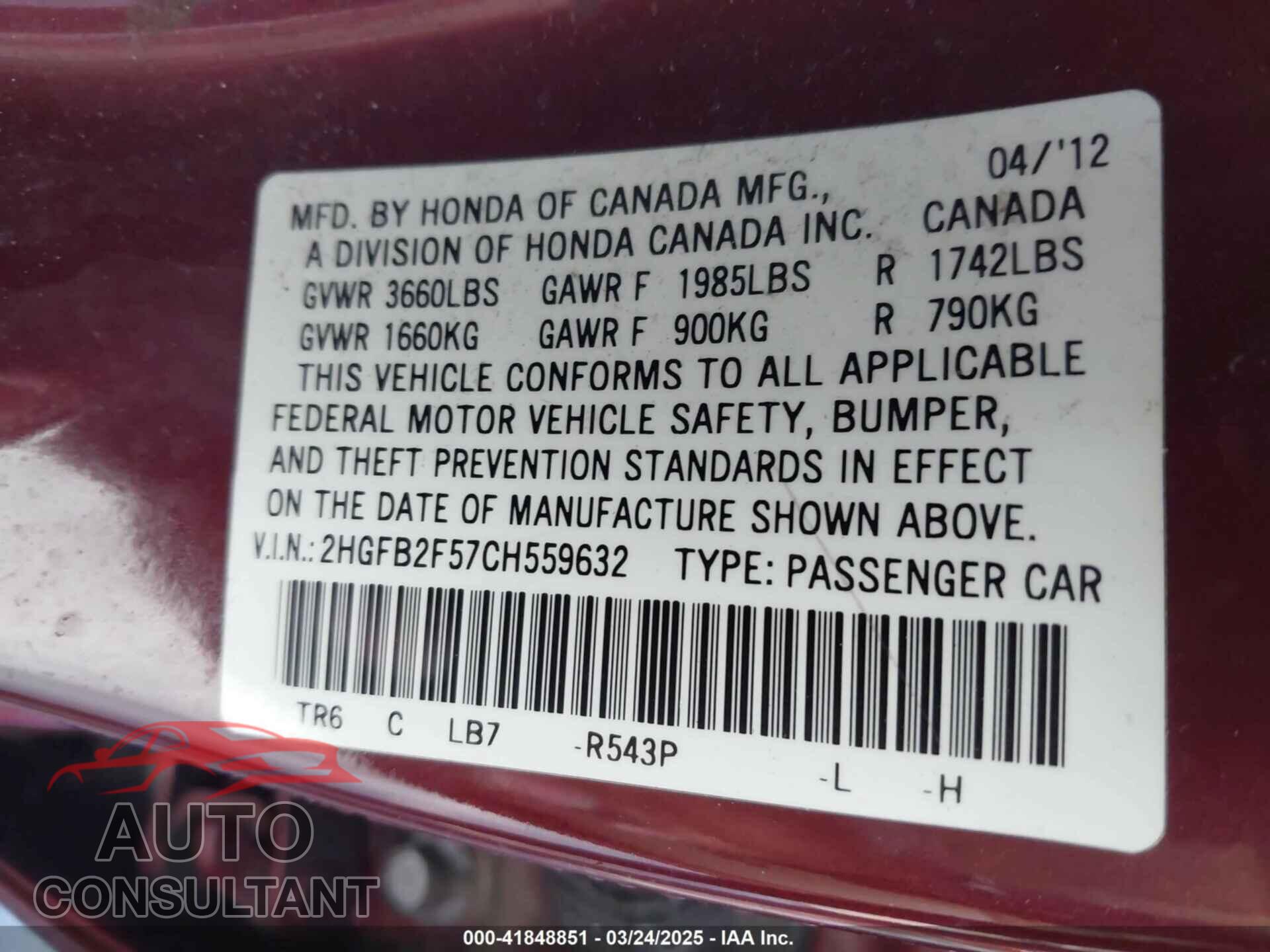 HONDA CIVIC 2012 - 2HGFB2F57CH559632