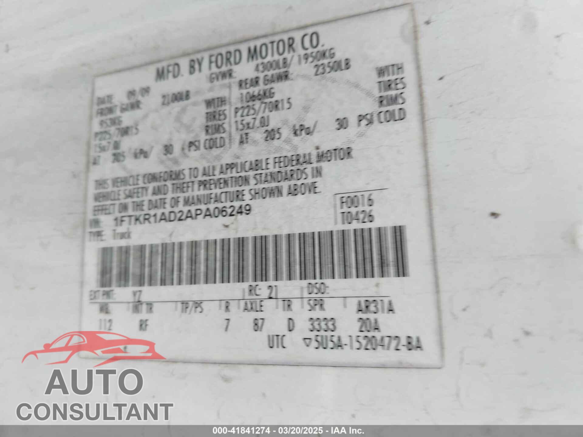 FORD RANGER 2010 - 1FTKR1AD2APA06249