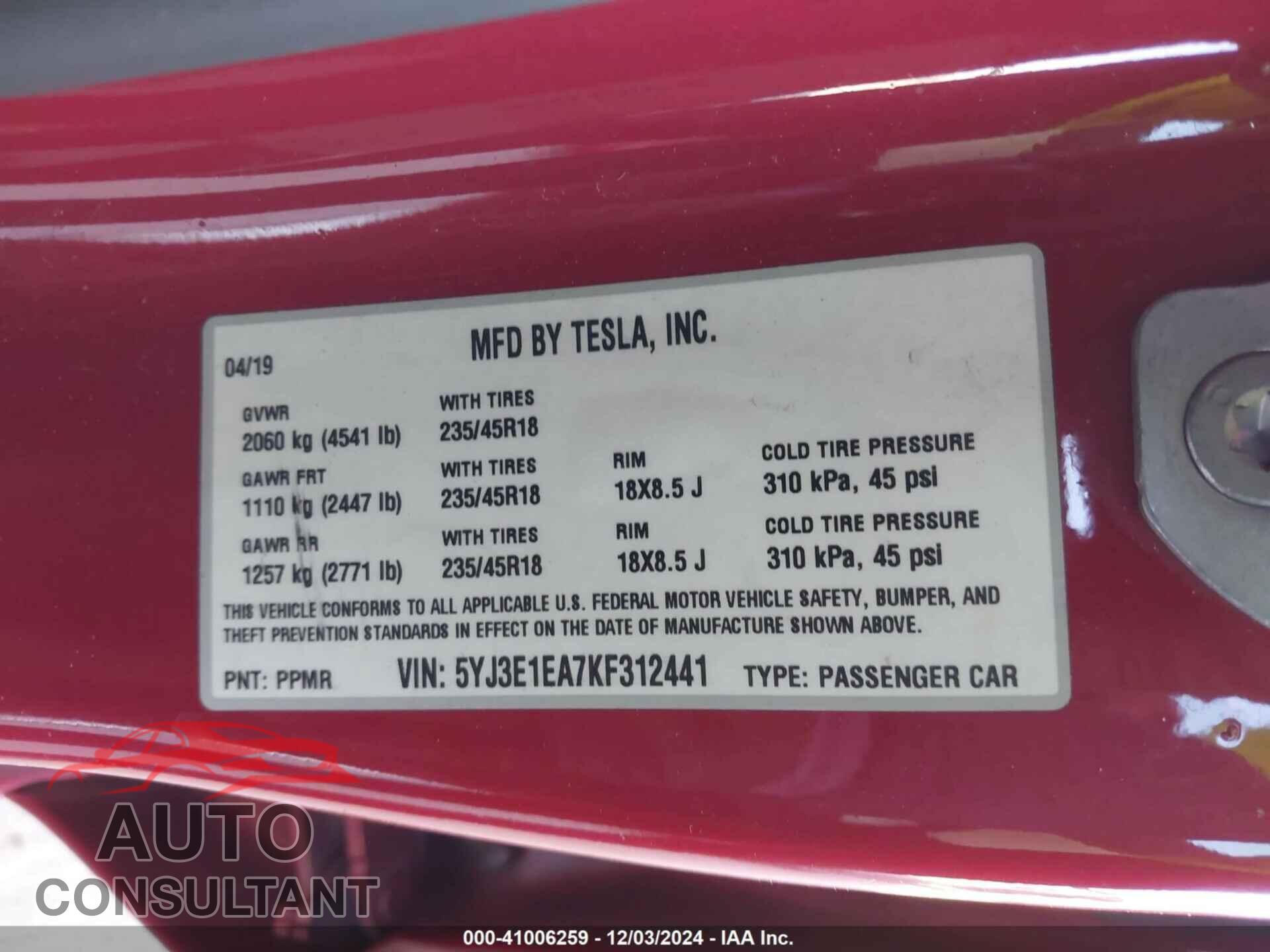 TESLA MODEL 3 2019 - 5YJ3E1EA7KF312441