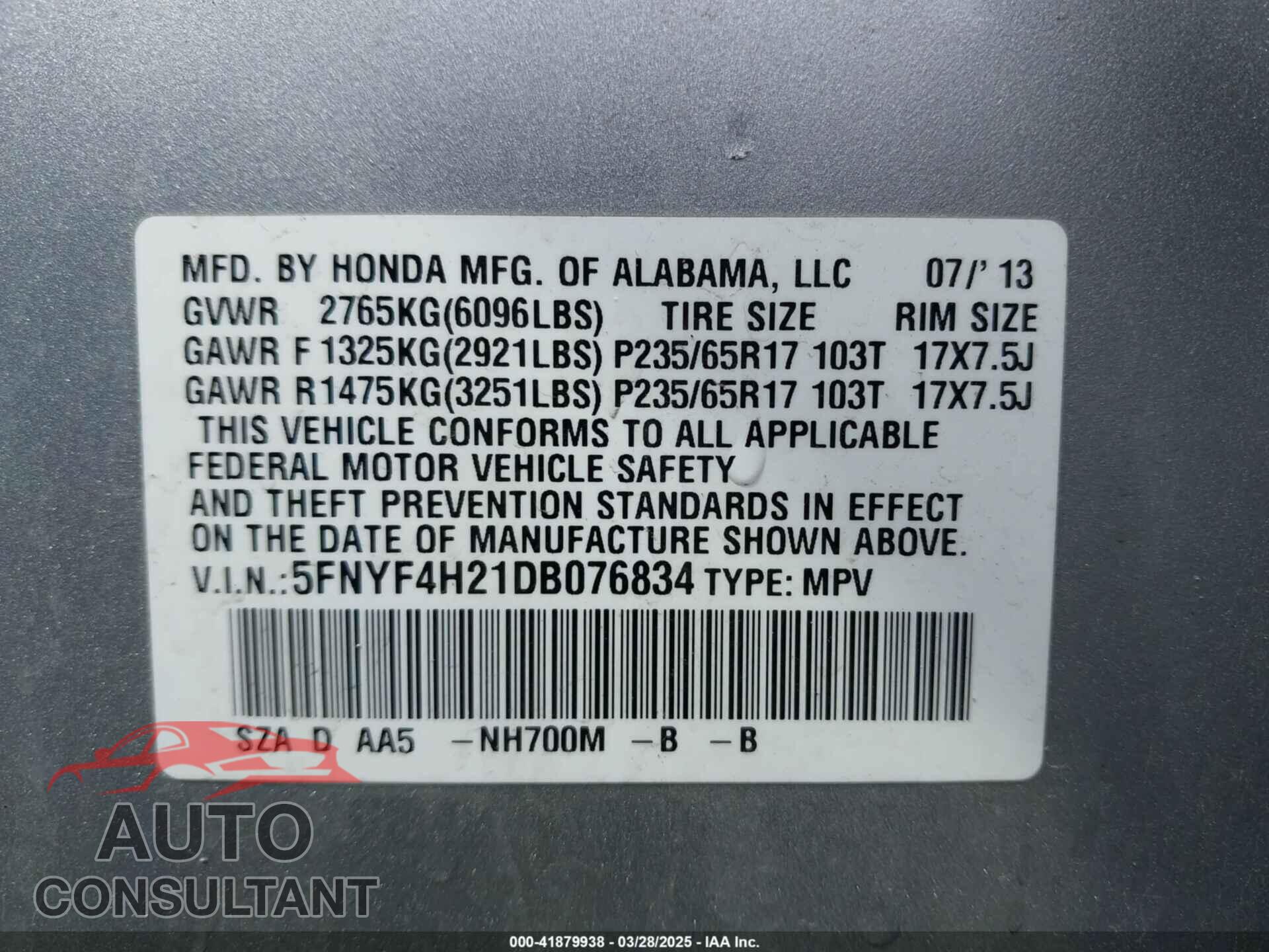 HONDA PILOT 2013 - 5FNYF4H21DB076834