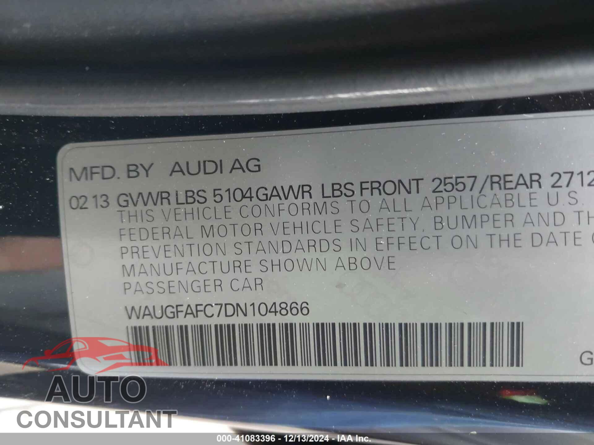 AUDI A6 2013 - WAUGFAFC7DN104866