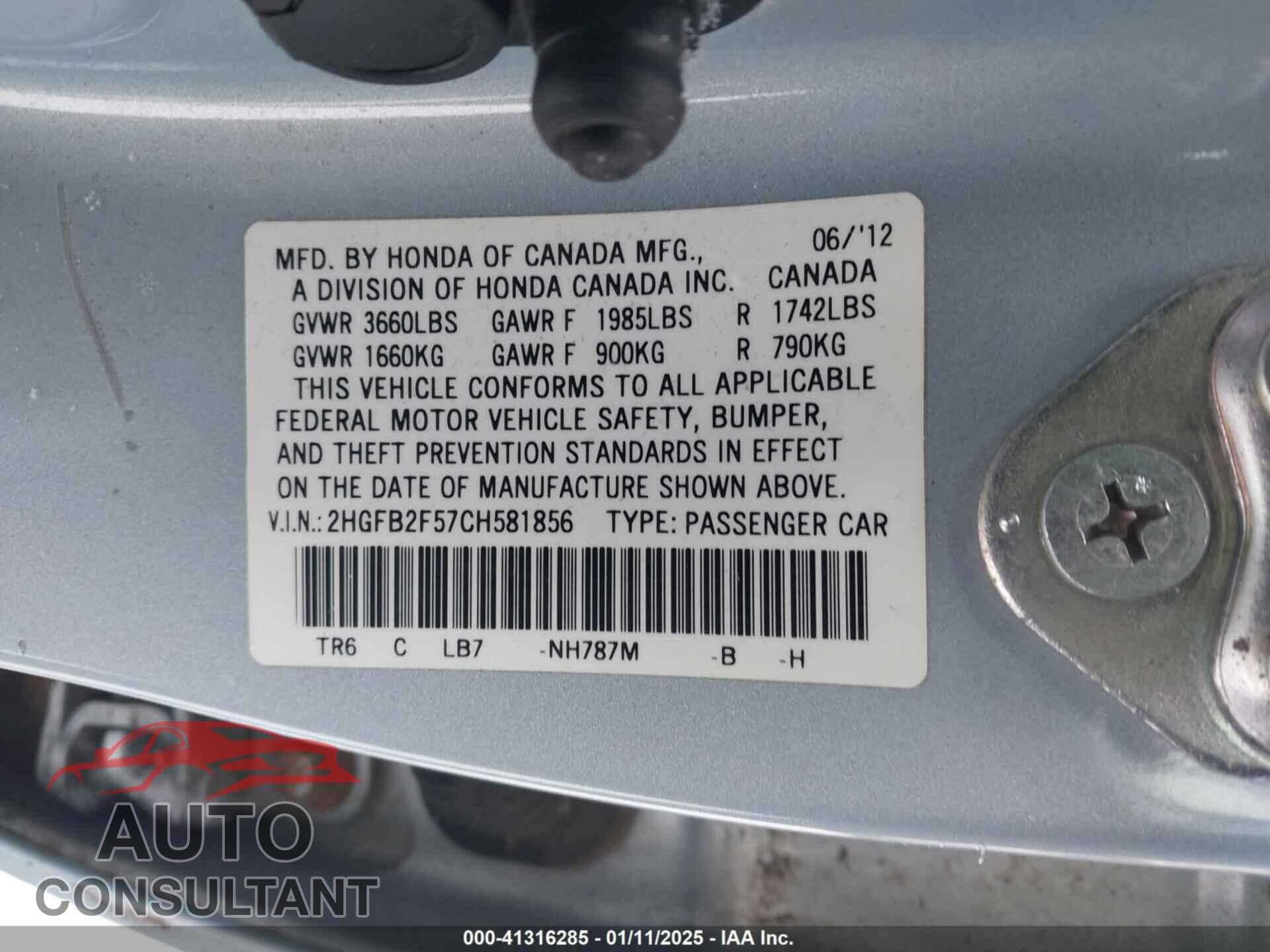 HONDA CIVIC SDN 2012 - 2HGFB2F57CH581856