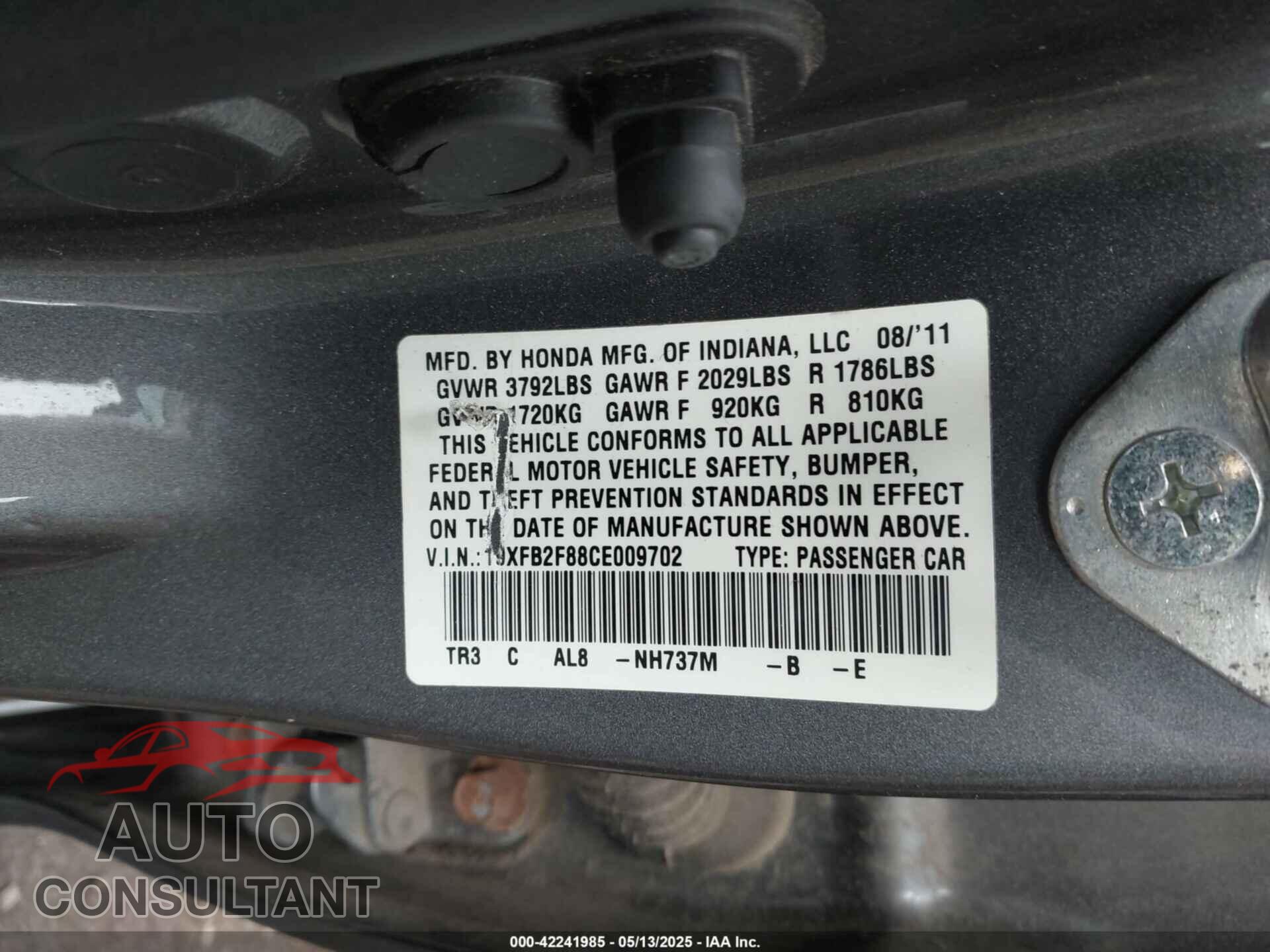 HONDA CIVIC 2012 - 19XFB2F88CE009702