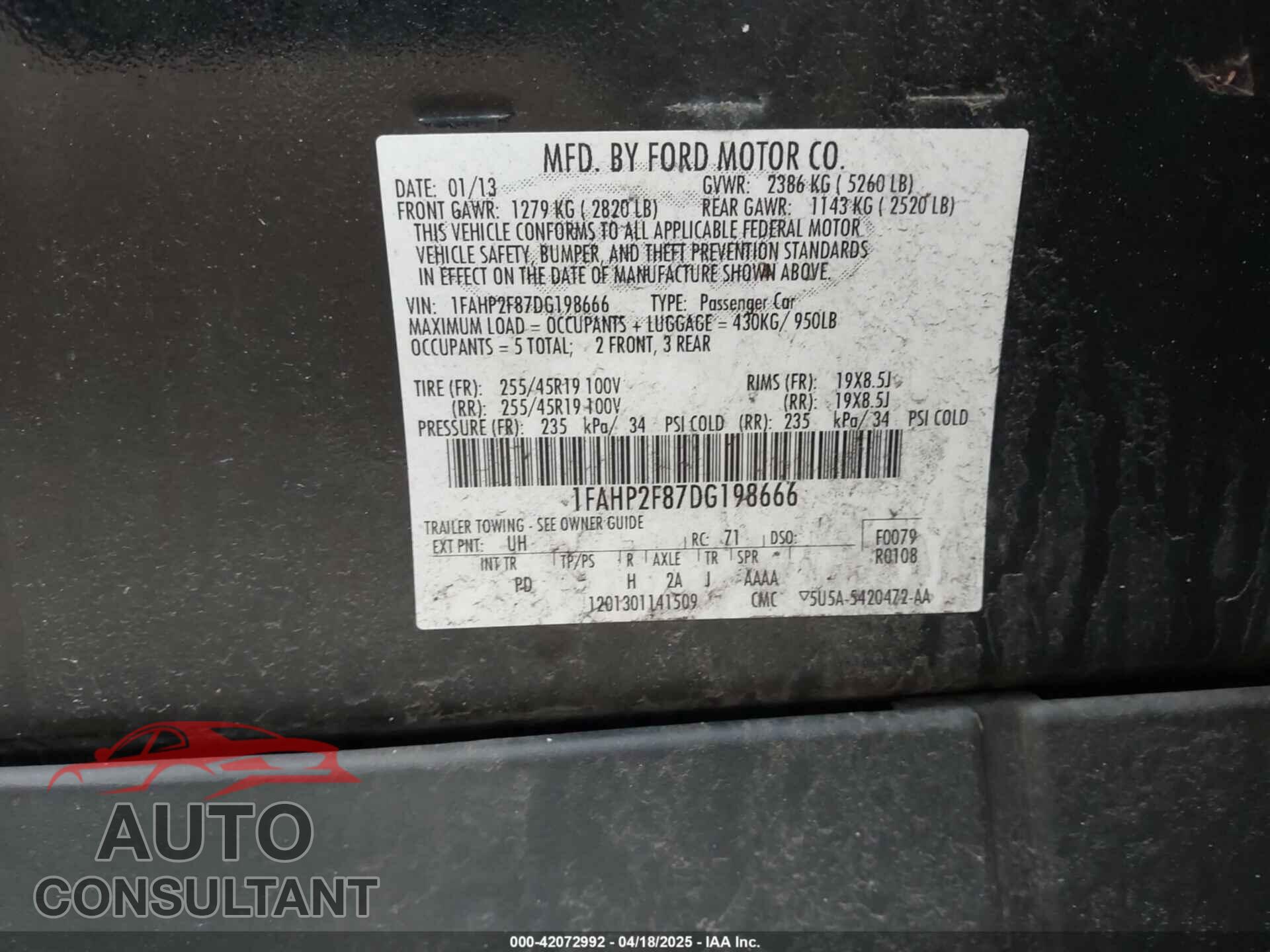 FORD TAURUS 2013 - 1FAHP2F87DG198666