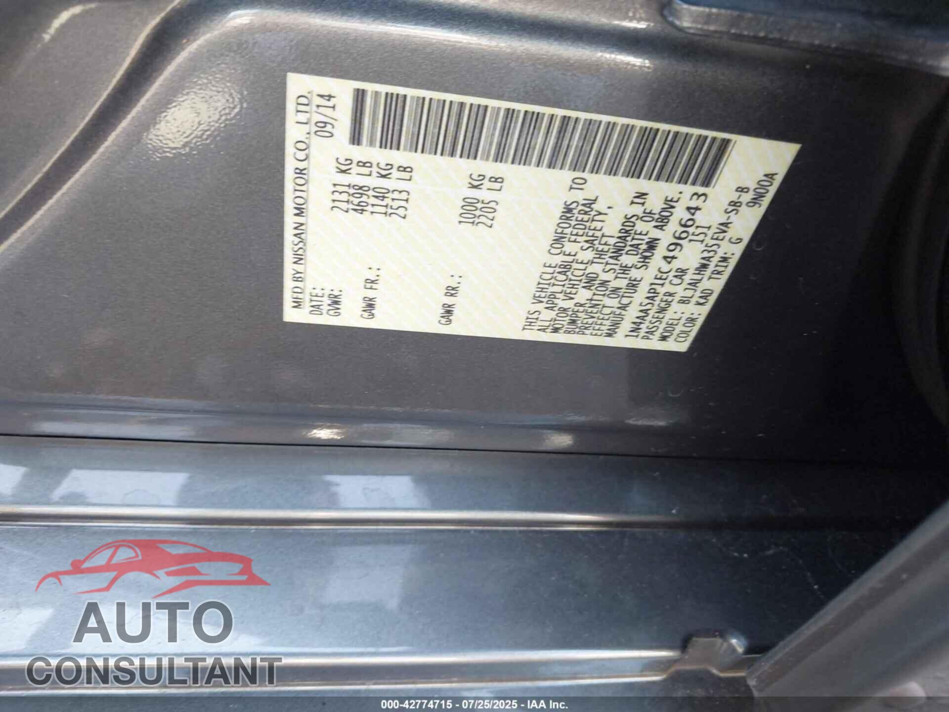 NISSAN MAXIMA 2014 - 1N4AA5AP1EC496643