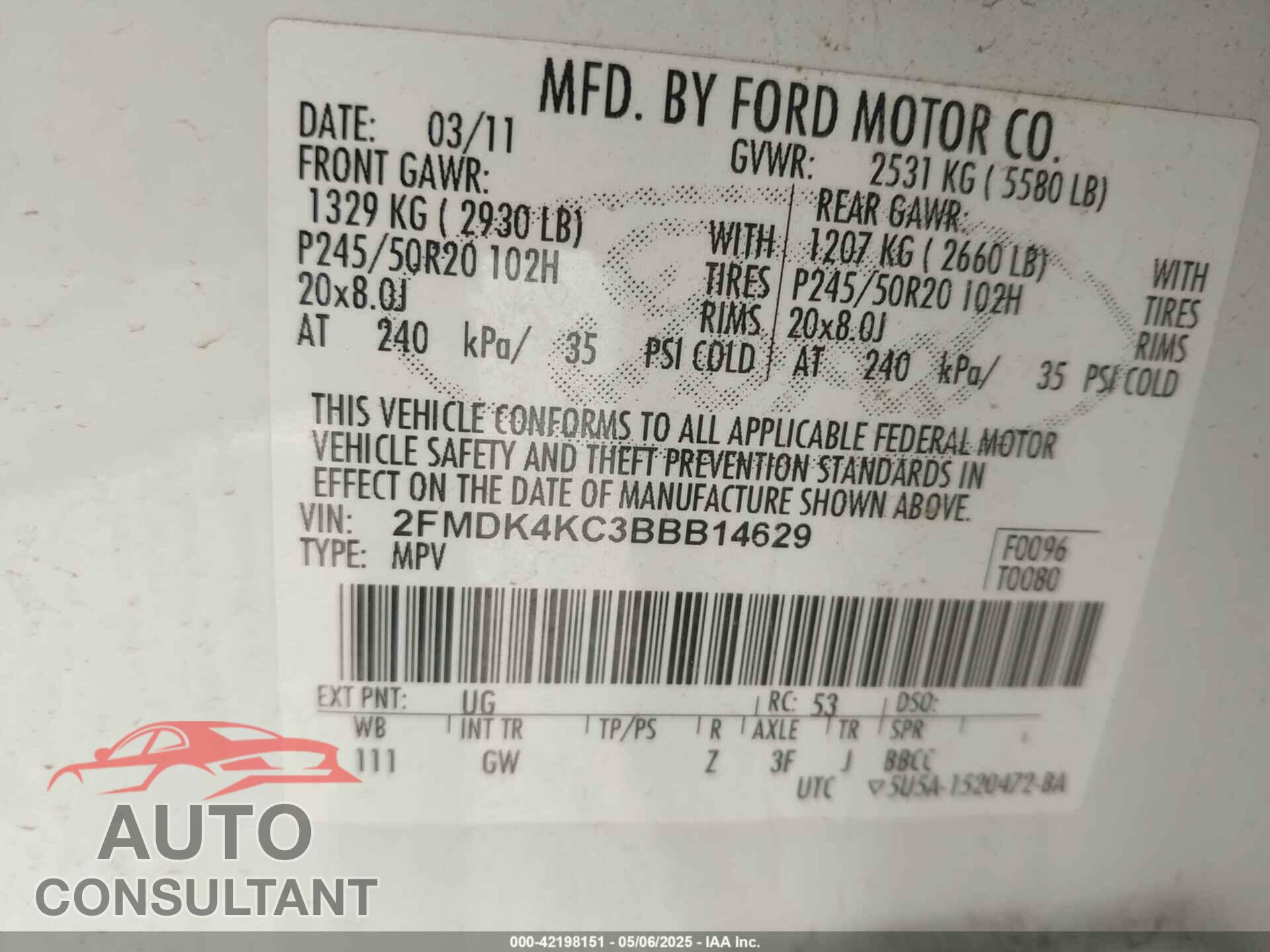 FORD EDGE 2011 - 2FMDK4KC3BBB14629