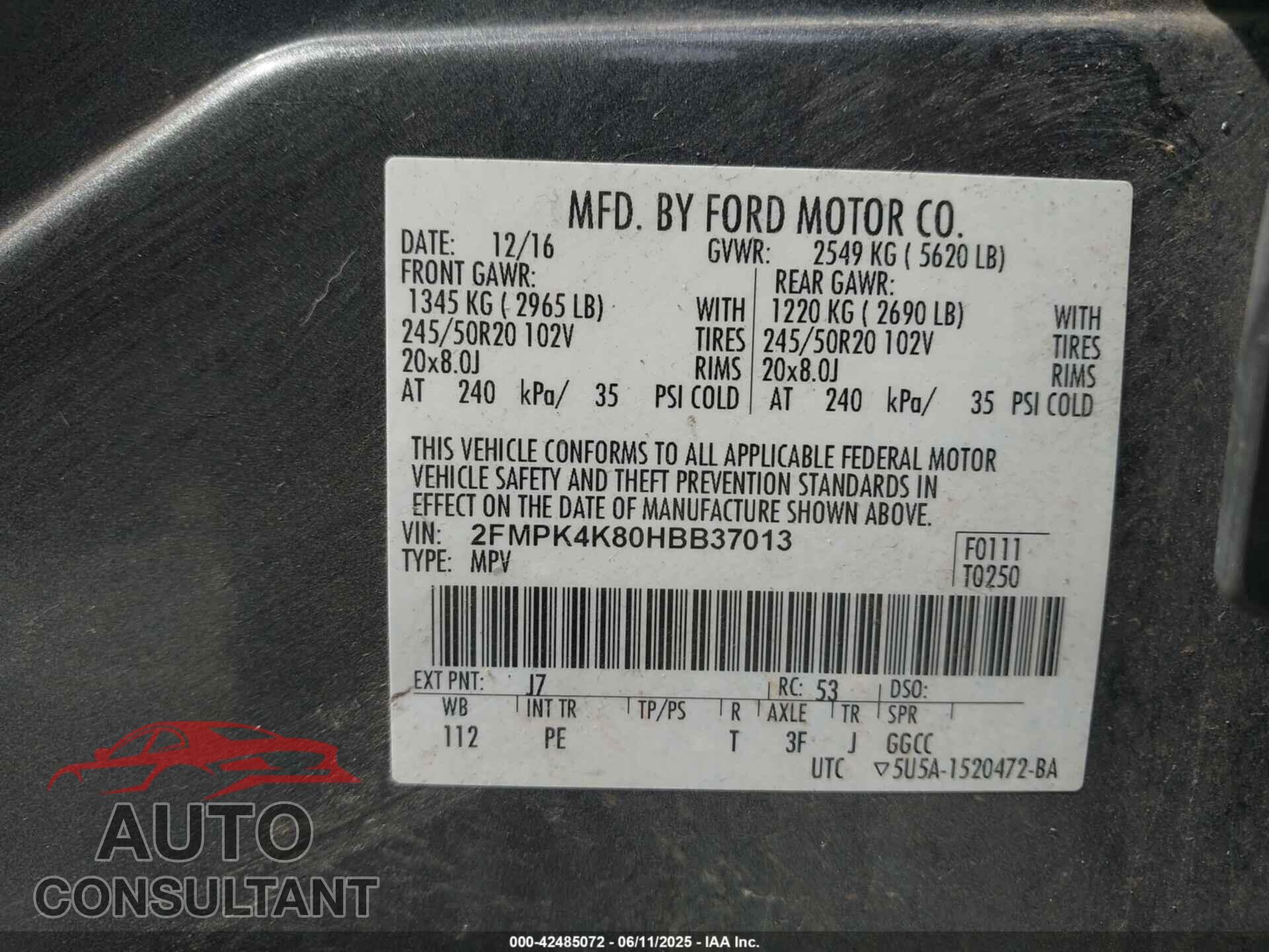 FORD EDGE 2017 - 2FMPK4K80HBB37013