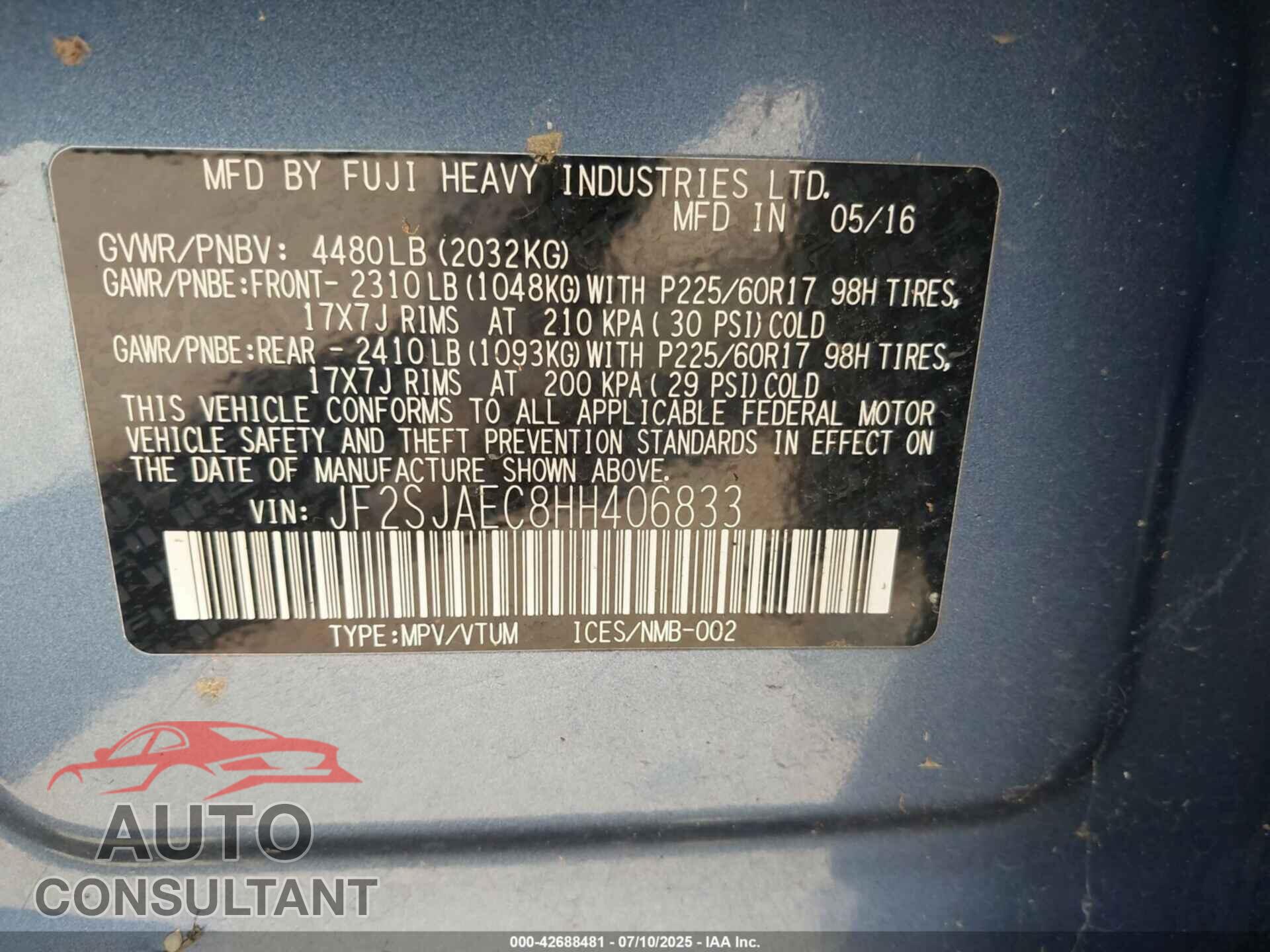 SUBARU FORESTER 2017 - JF2SJAEC8HH406833
