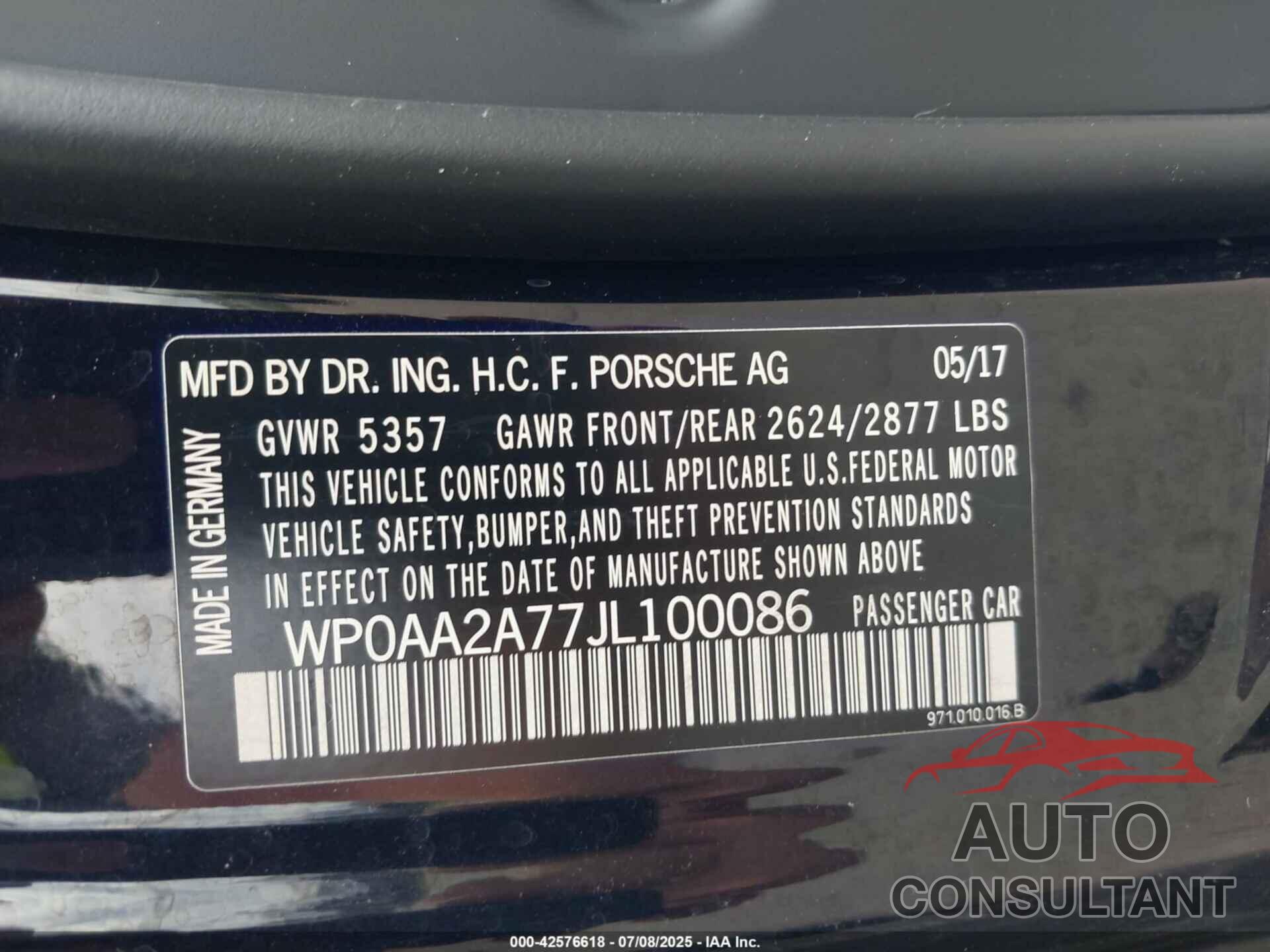 PORSCHE PANAMERA 2018 - WP0AA2A77JL100086