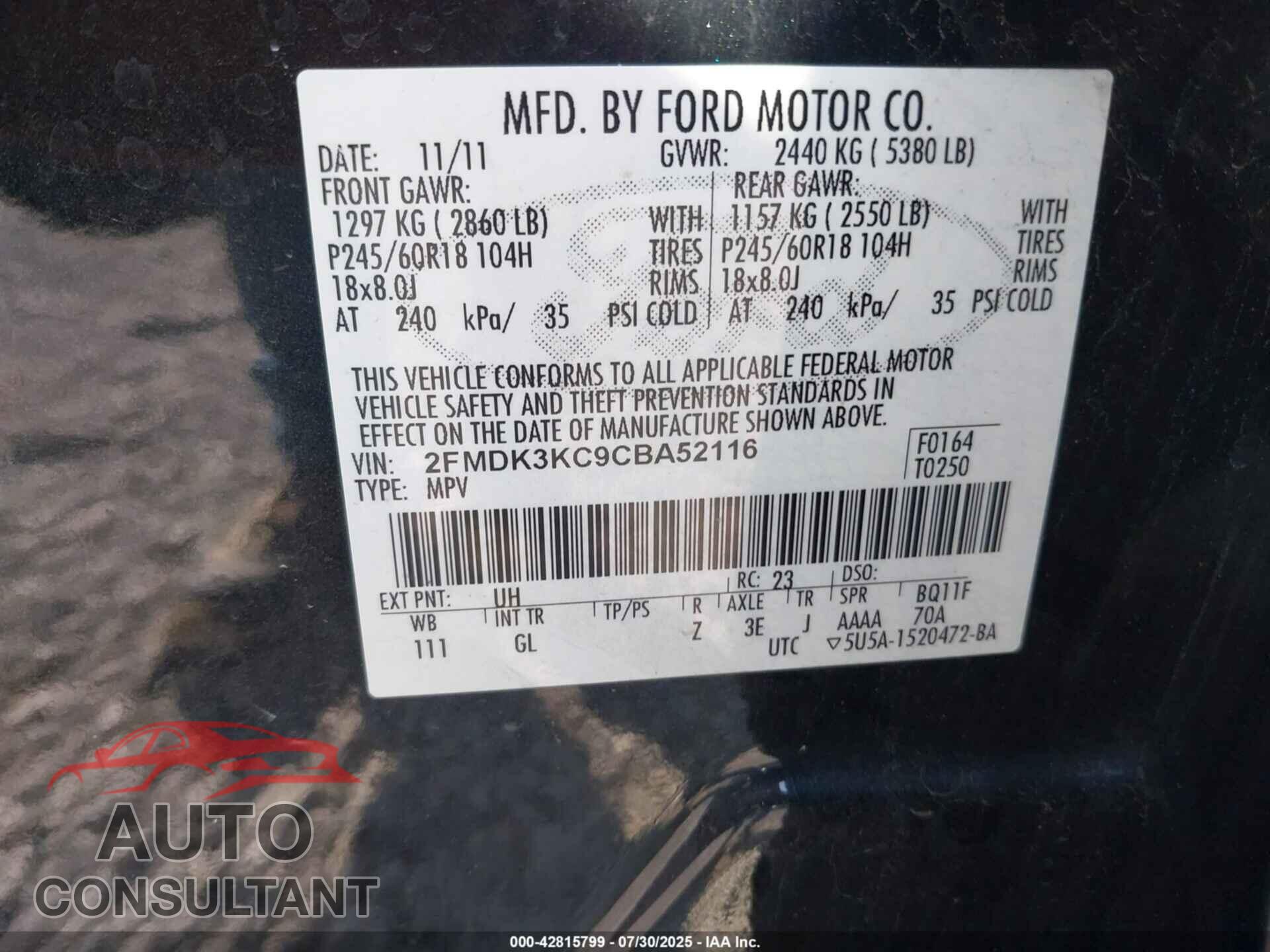 FORD EDGE 2012 - 2FMDK3KC9CBA52116