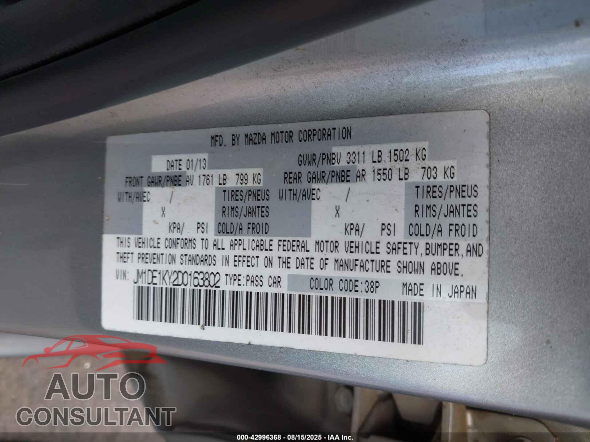 MAZDA MAZDA2 2013 - JM1DE1KY2D0163802
