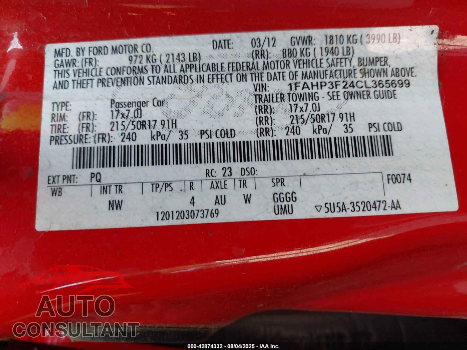 FORD FOCUS 2012 - 1FAHP3F24CL365699