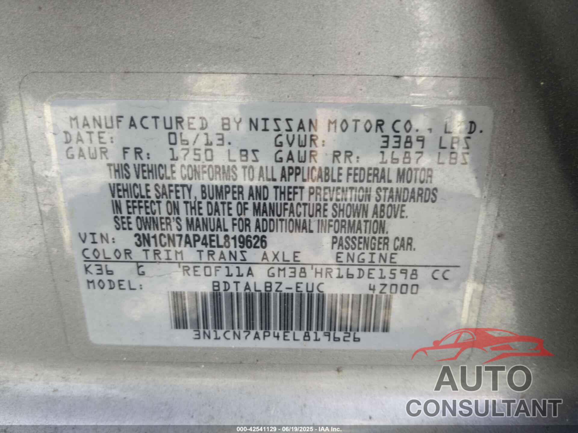 NISSAN VERSA 2014 - 3N1CN7AP4EL819626