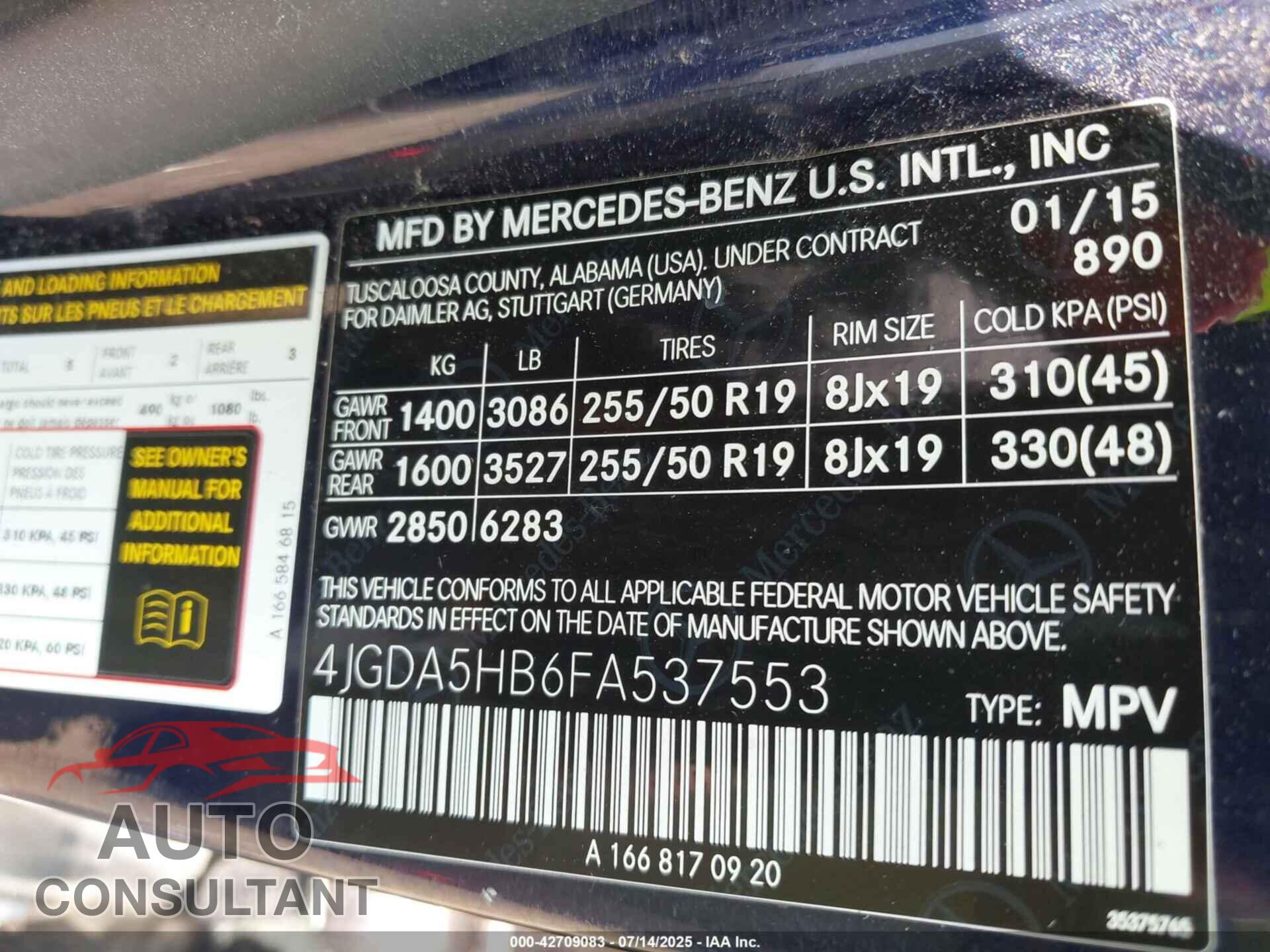 MERCEDES-BENZ ML 350 2015 - 4JGDA5HB6FA537553